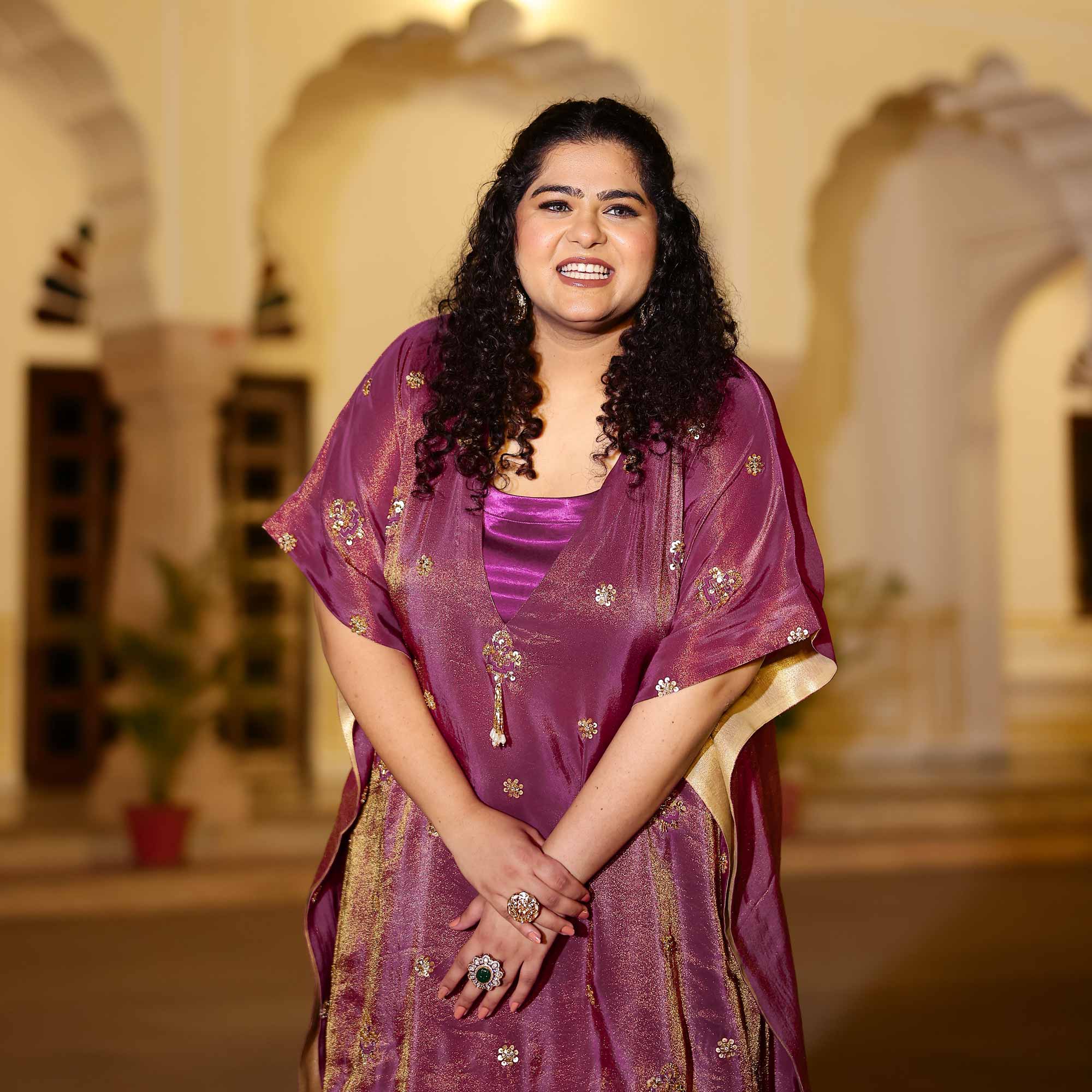 Gold & Plum Pure Tissue Silk Cutdana Kaftan Set