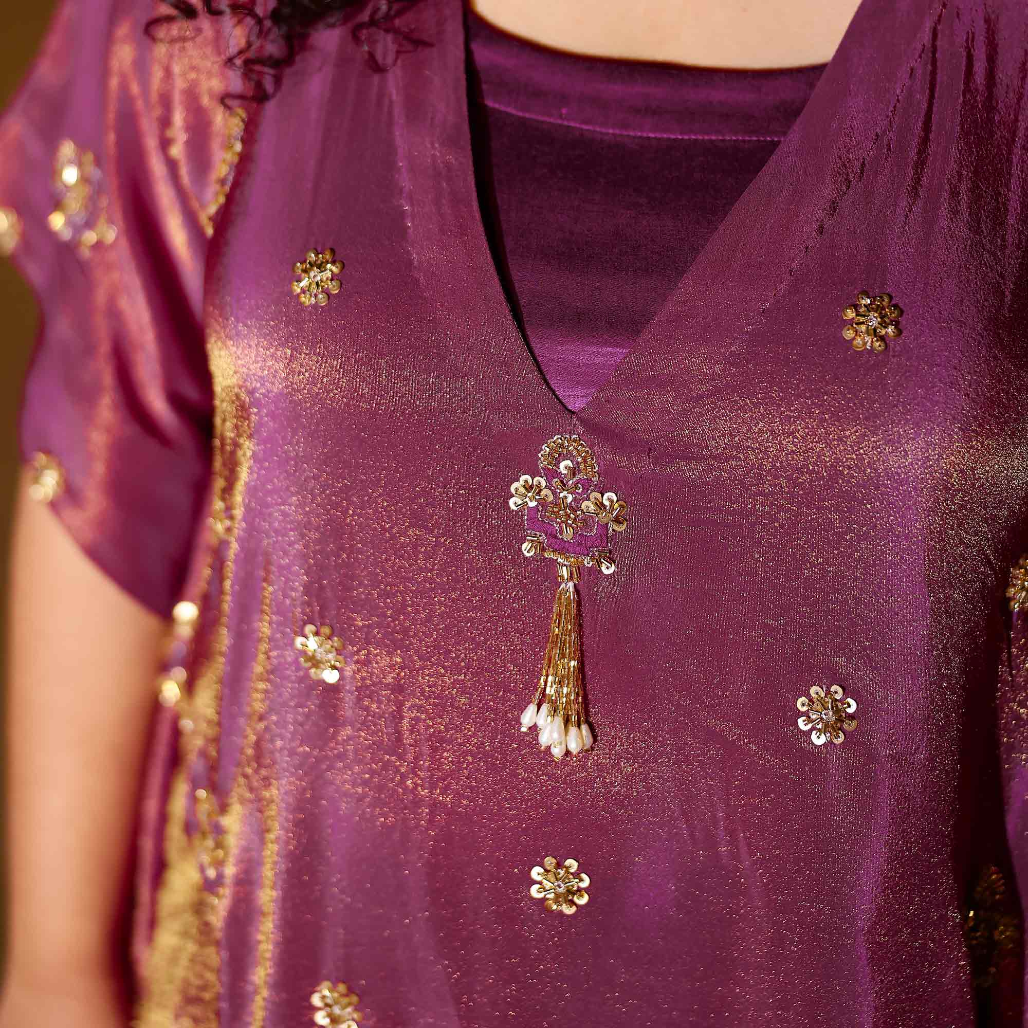 Gold & Plum Pure Tissue Silk Cutdana Kaftan Set