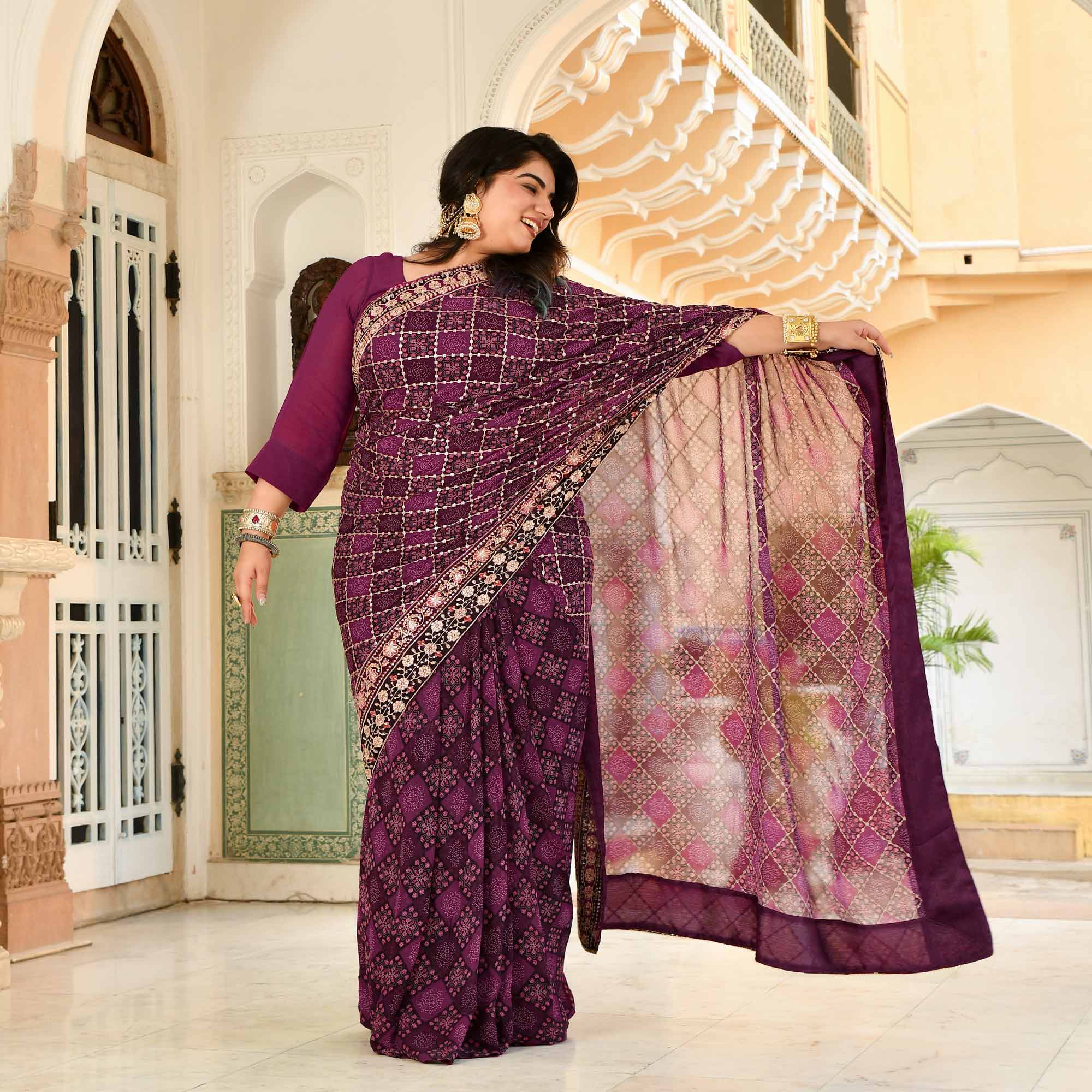 Katha- Shades of Wine Fusion Print Zari Embroidered Pre-Drape Saree