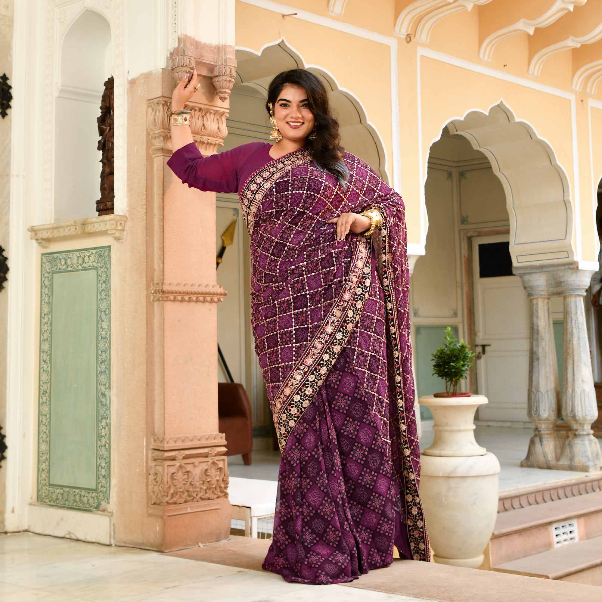 Katha- Shades of Wine Fusion Print Zari Embroidered Pre-Drape Saree