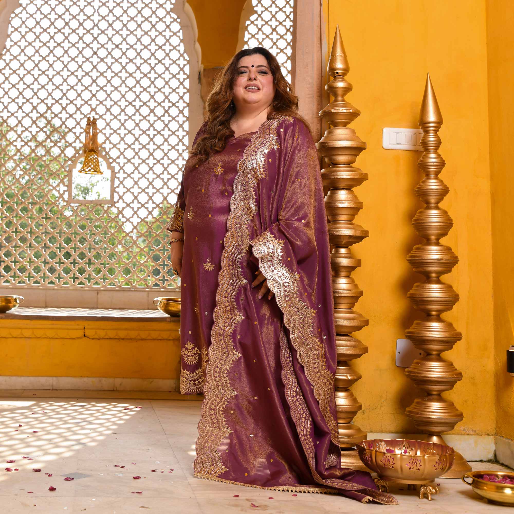 Berry Divine-Purple Pure Tissue Silk Embroidered Suit Set