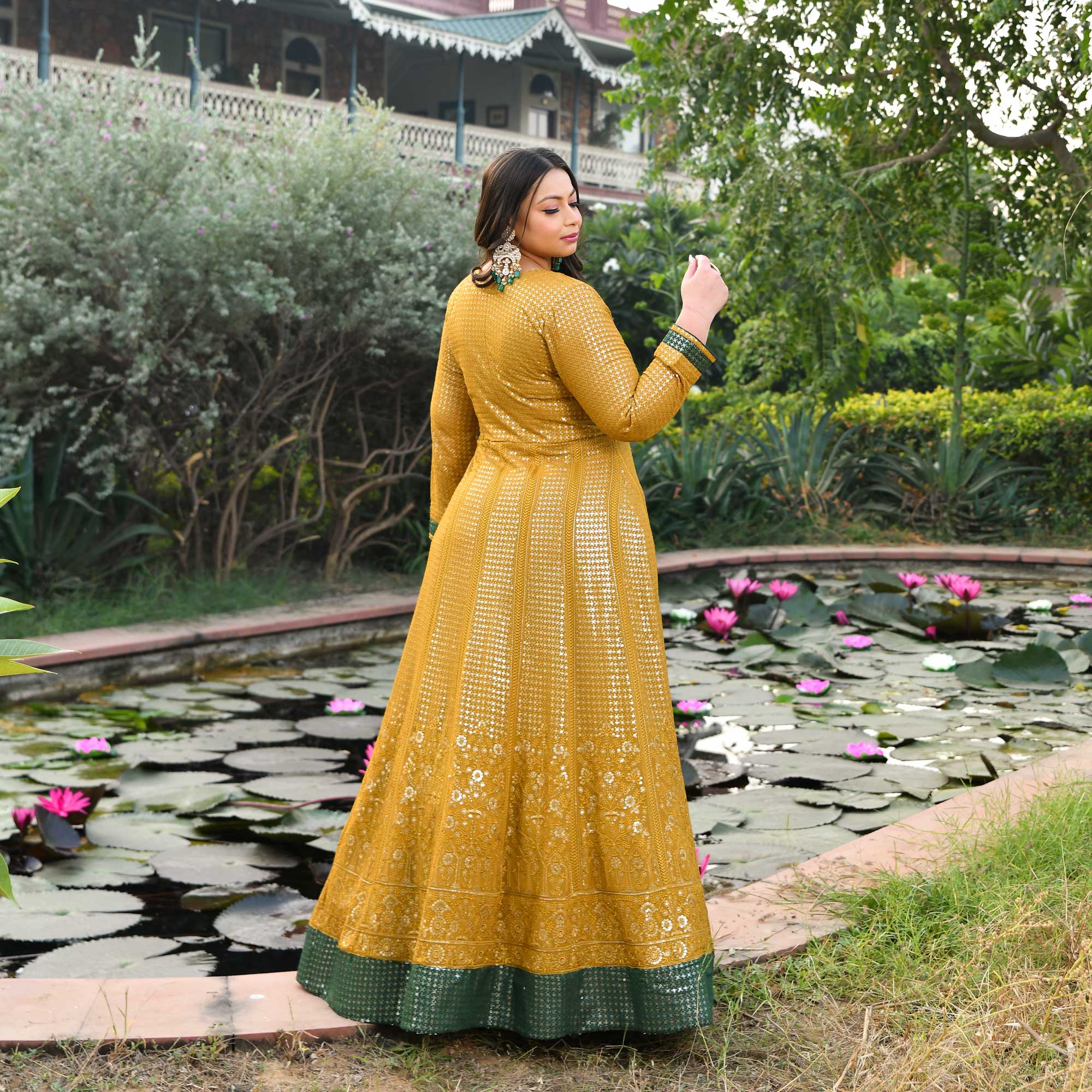 Amber Glow & Pine Thread Embroidered Pure Georgette Anarkali Set