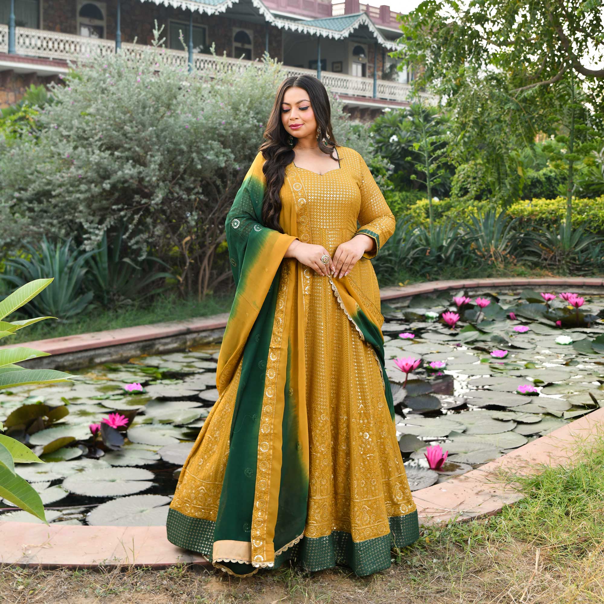 Amber Glow & Pine Thread Embroidered Pure Georgette Anarkali Set