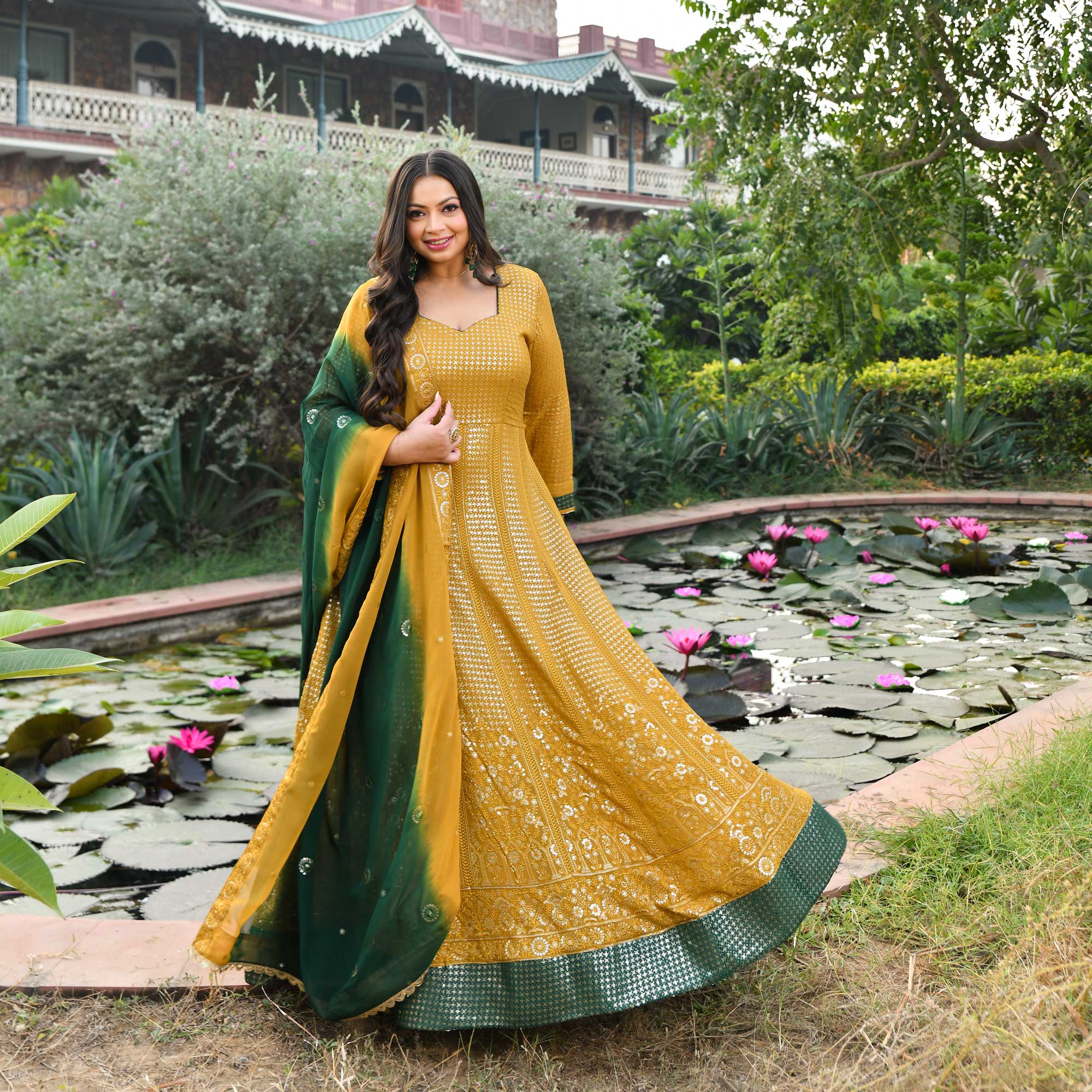 Amber Glow & Pine Thread Embroidered Pure Georgette Anarkali Set