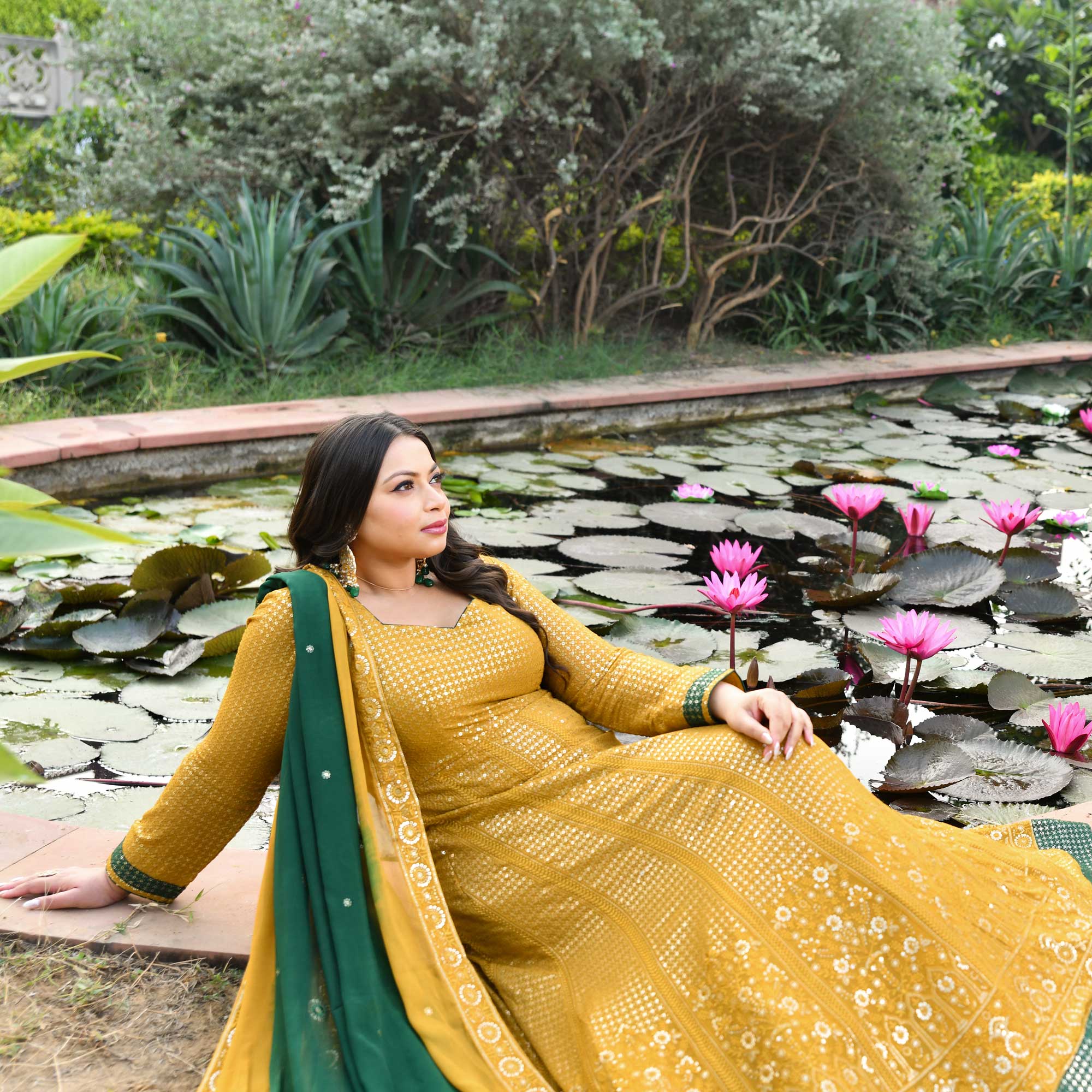 Amber Glow & Pine Thread Embroidered Pure Georgette Anarkali Set