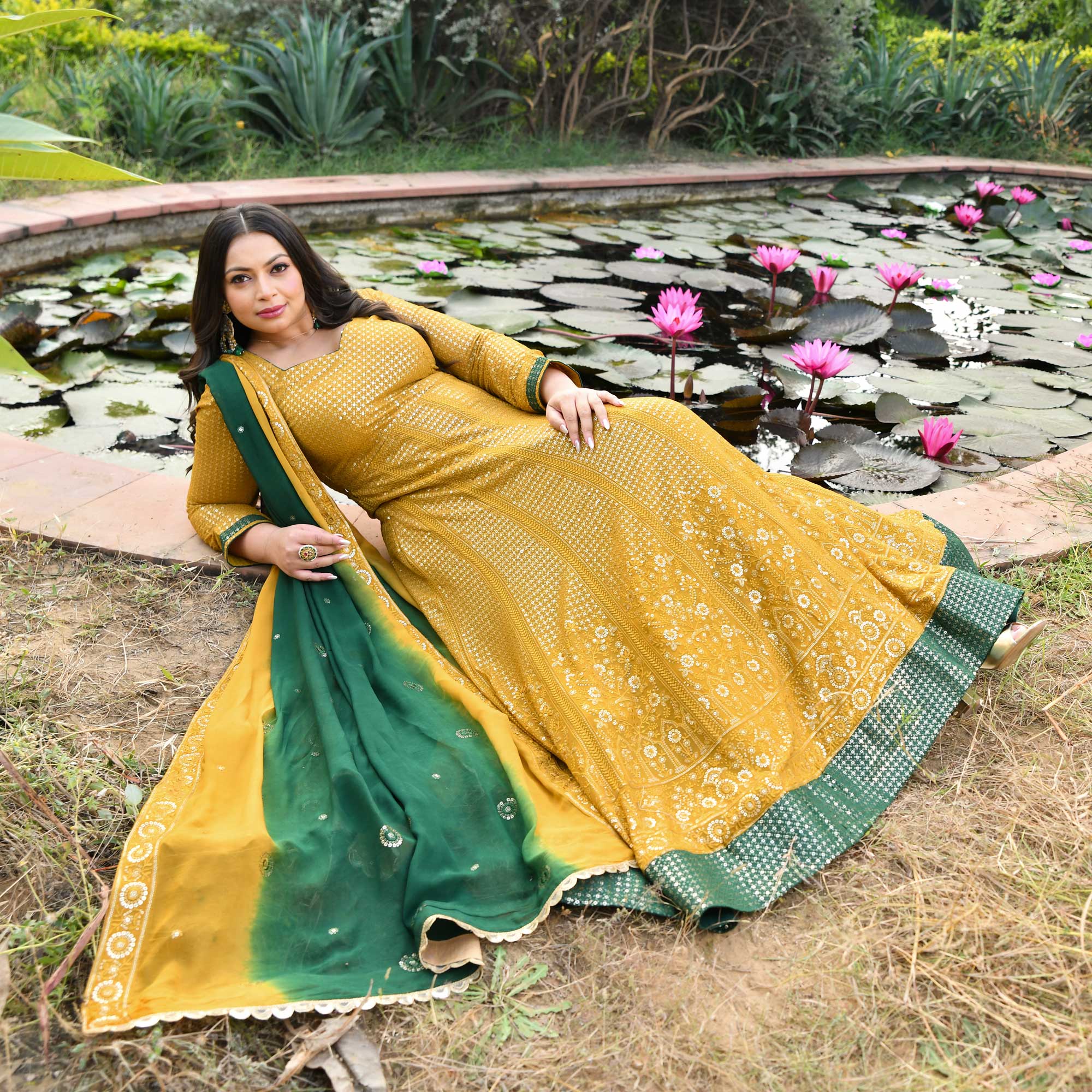 Amber Glow & Pine Thread Embroidered Pure Georgette Anarkali Set