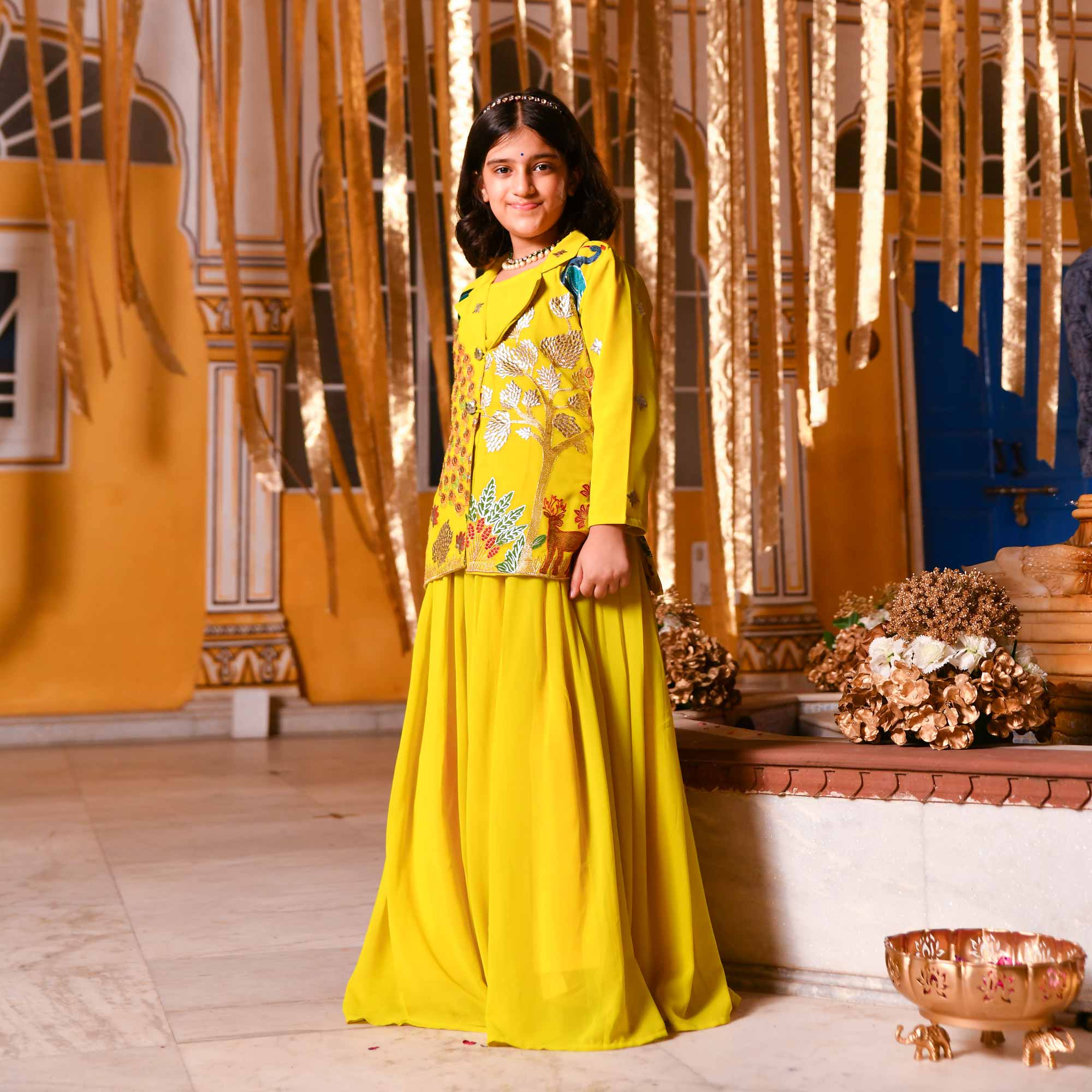 Golden Feather Kids Georgette Blazer Lehenga Set