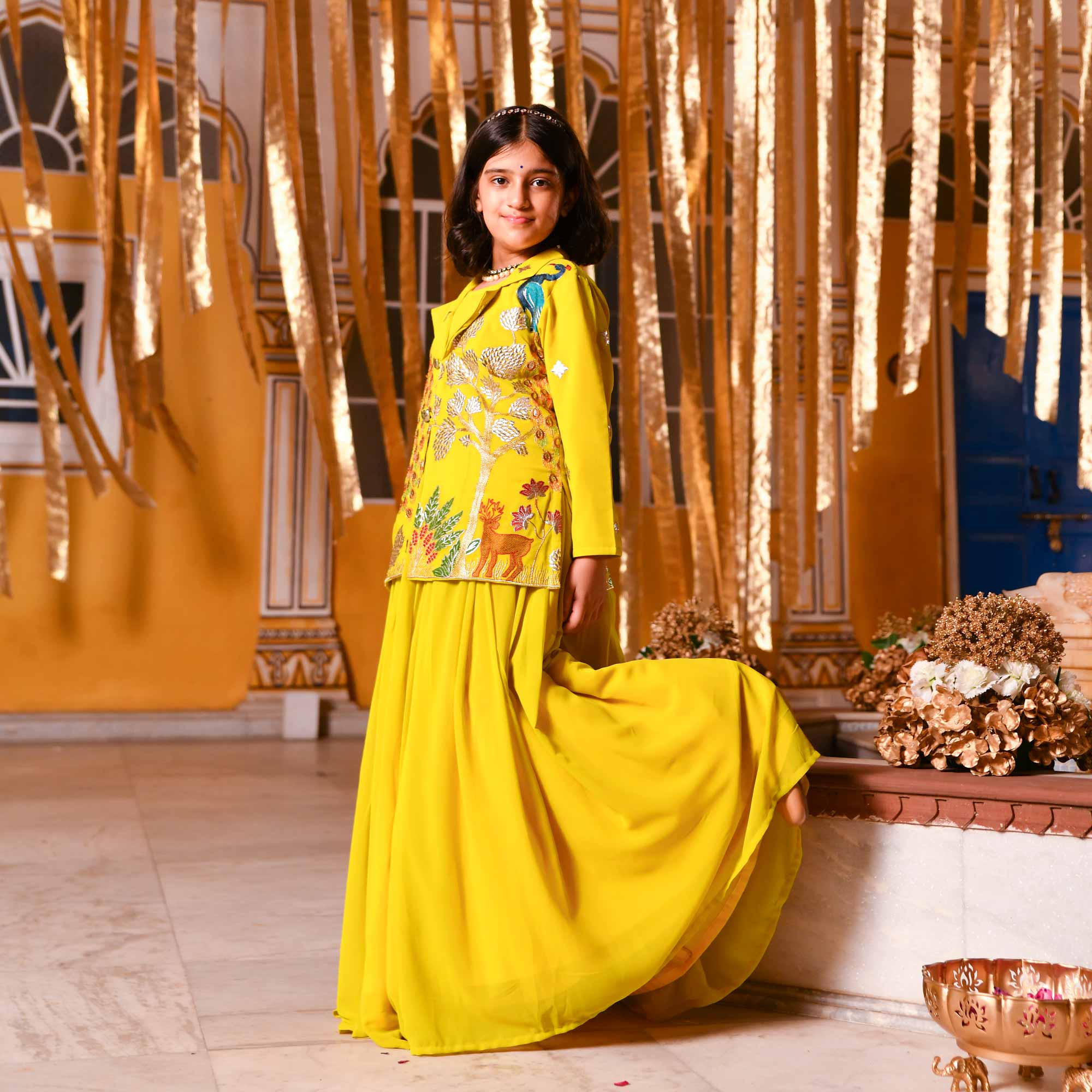 Golden Feather Kids Georgette Blazer Lehenga Set
