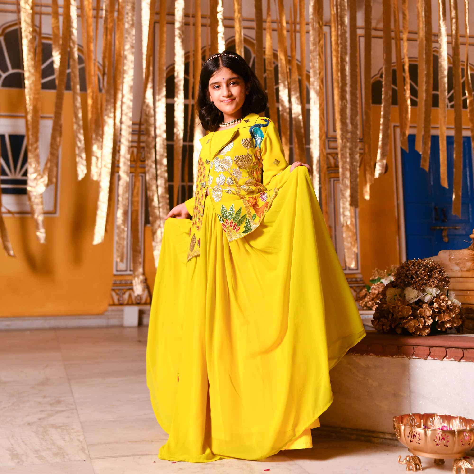 Golden Feather Kids Georgette Blazer Lehenga Set