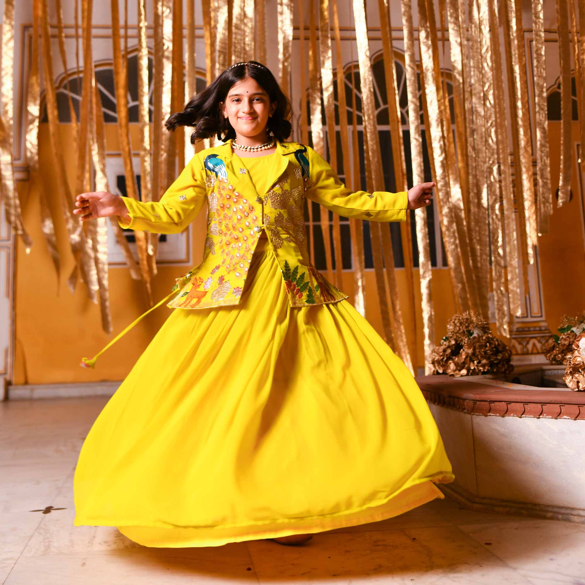Golden Feather Kids Georgette Blazer Lehenga Set