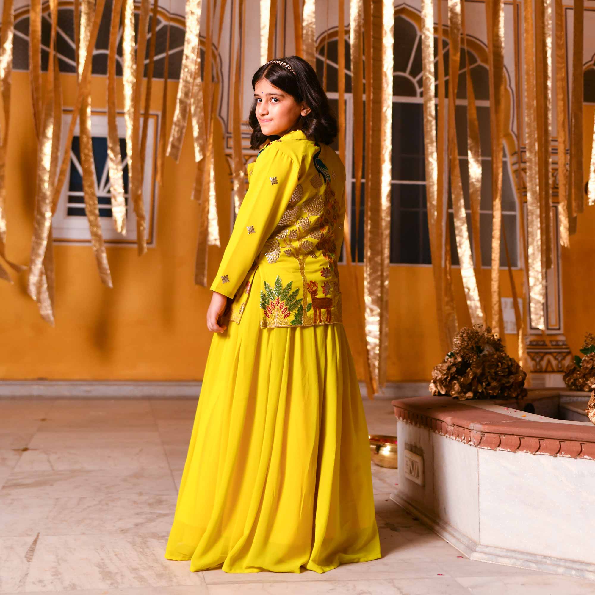 Golden Feather Kids Georgette Blazer Lehenga Set