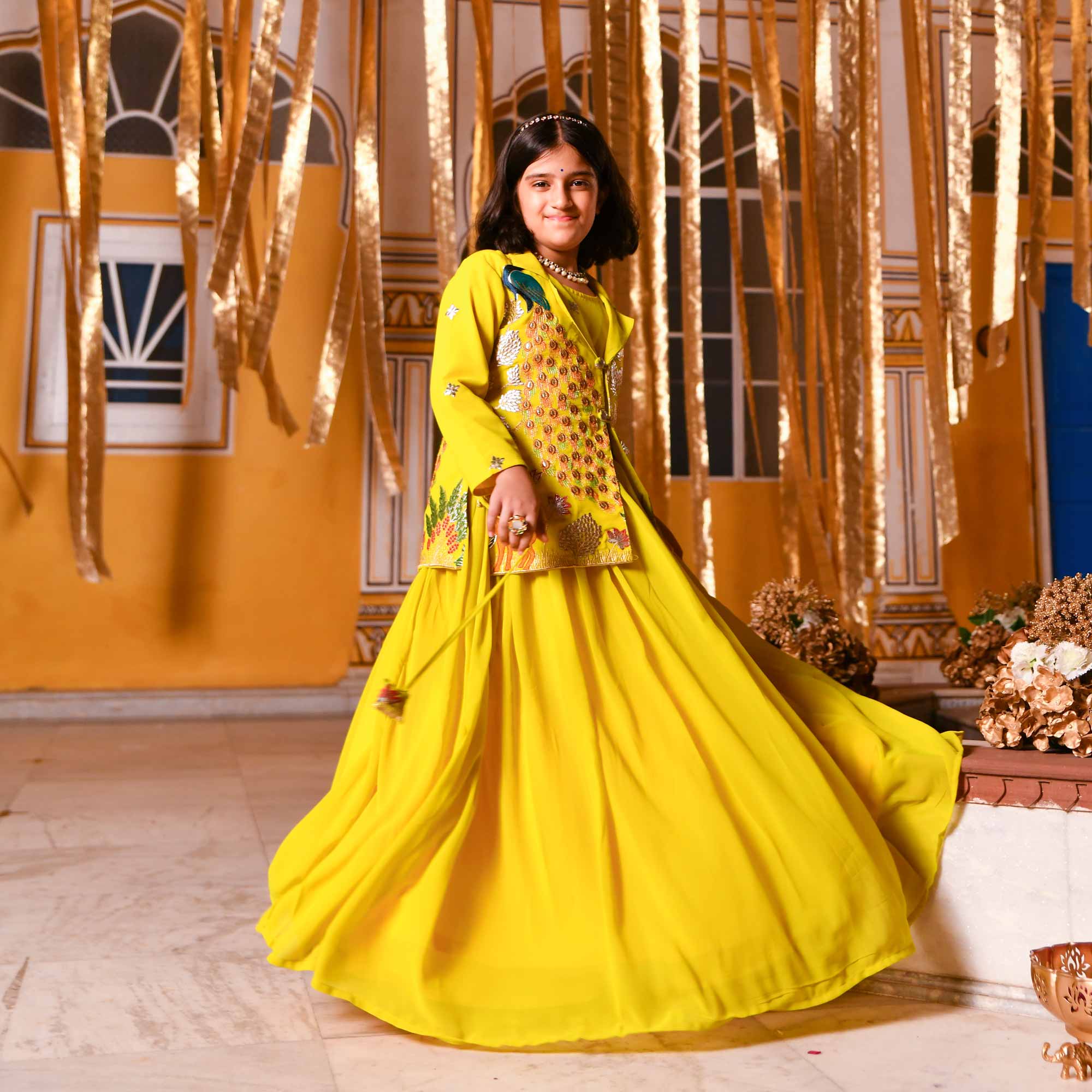 Golden Feather Kids Georgette Blazer Lehenga Set