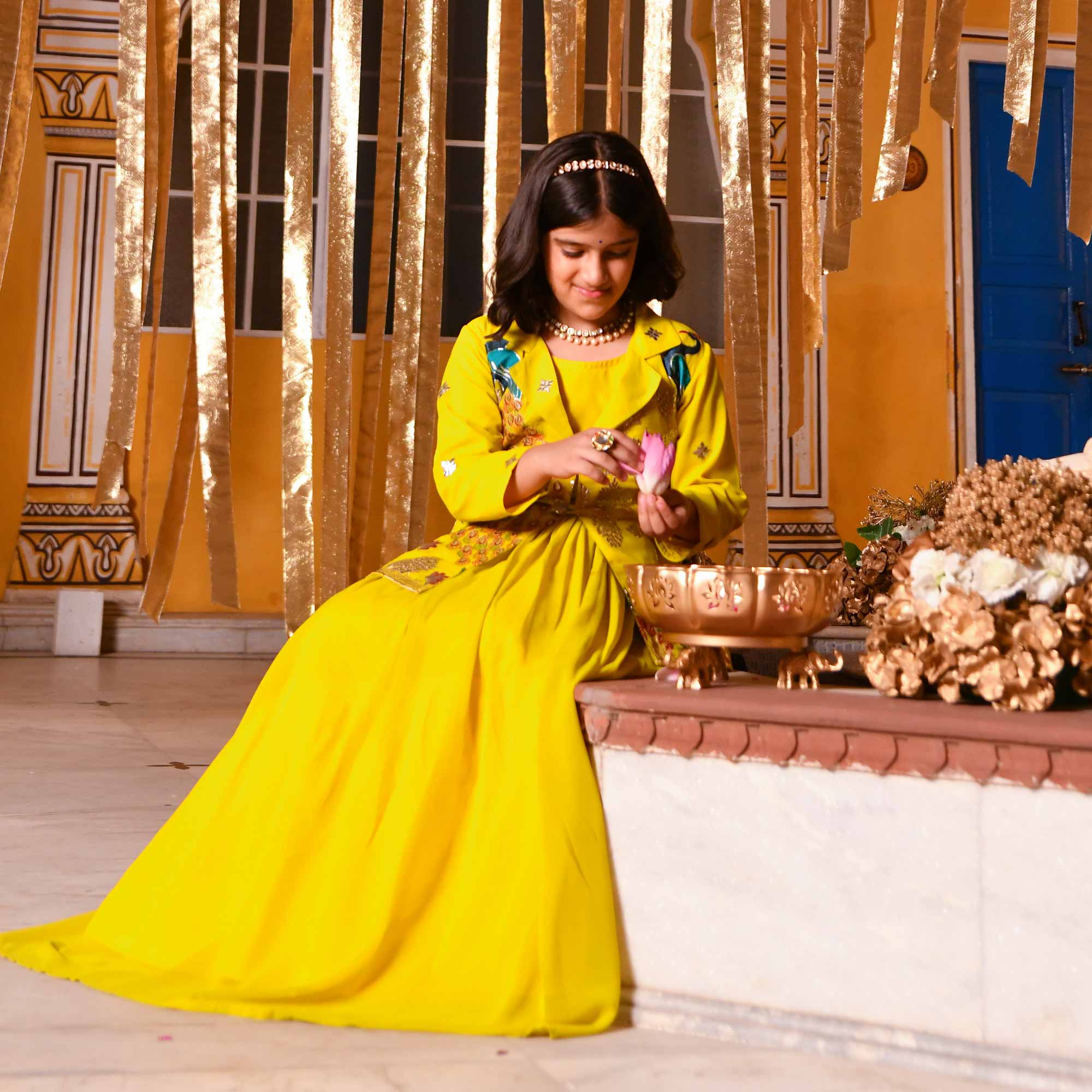Golden Feather Kids Georgette Blazer Lehenga Set