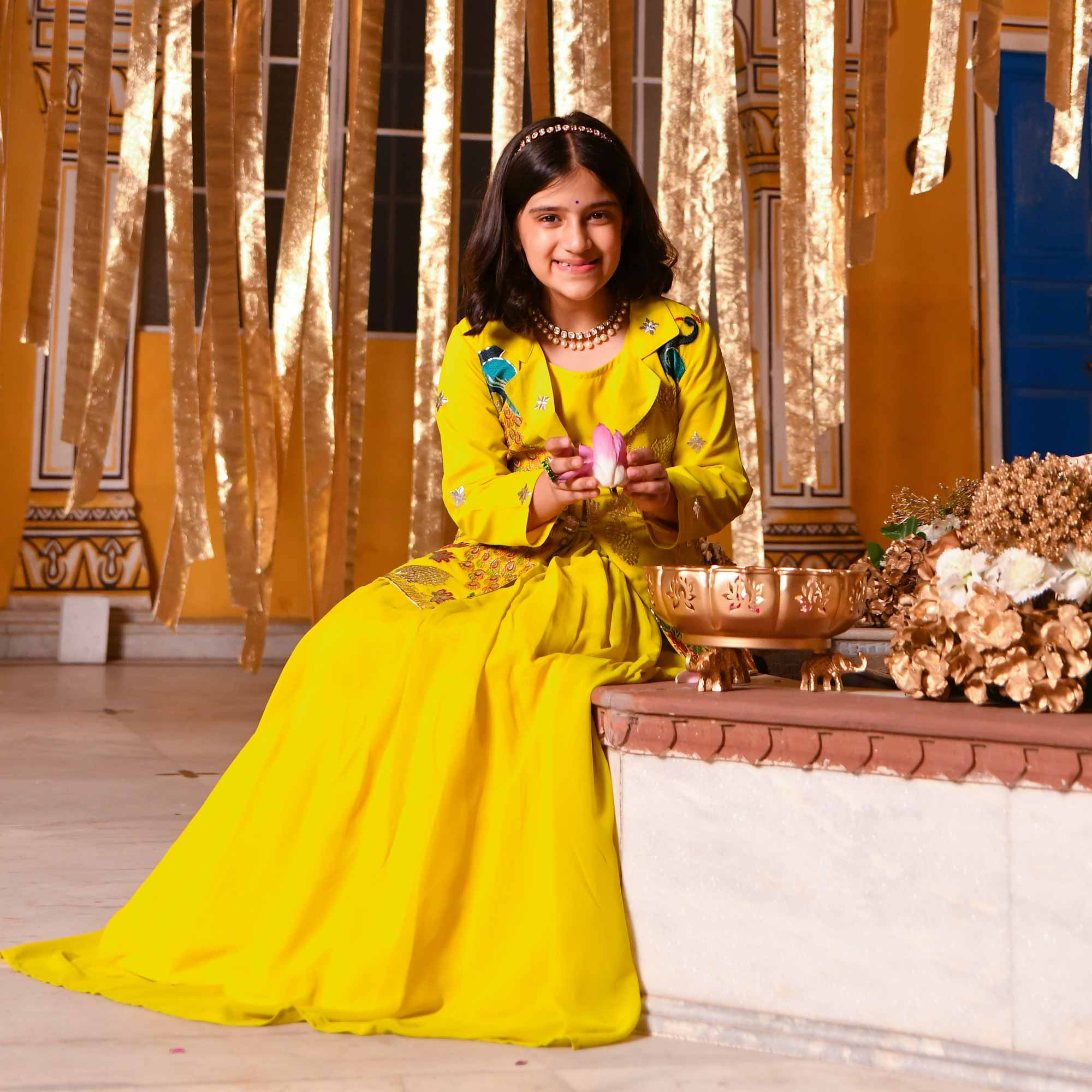 Golden Feather Kids Georgette Blazer Lehenga Set