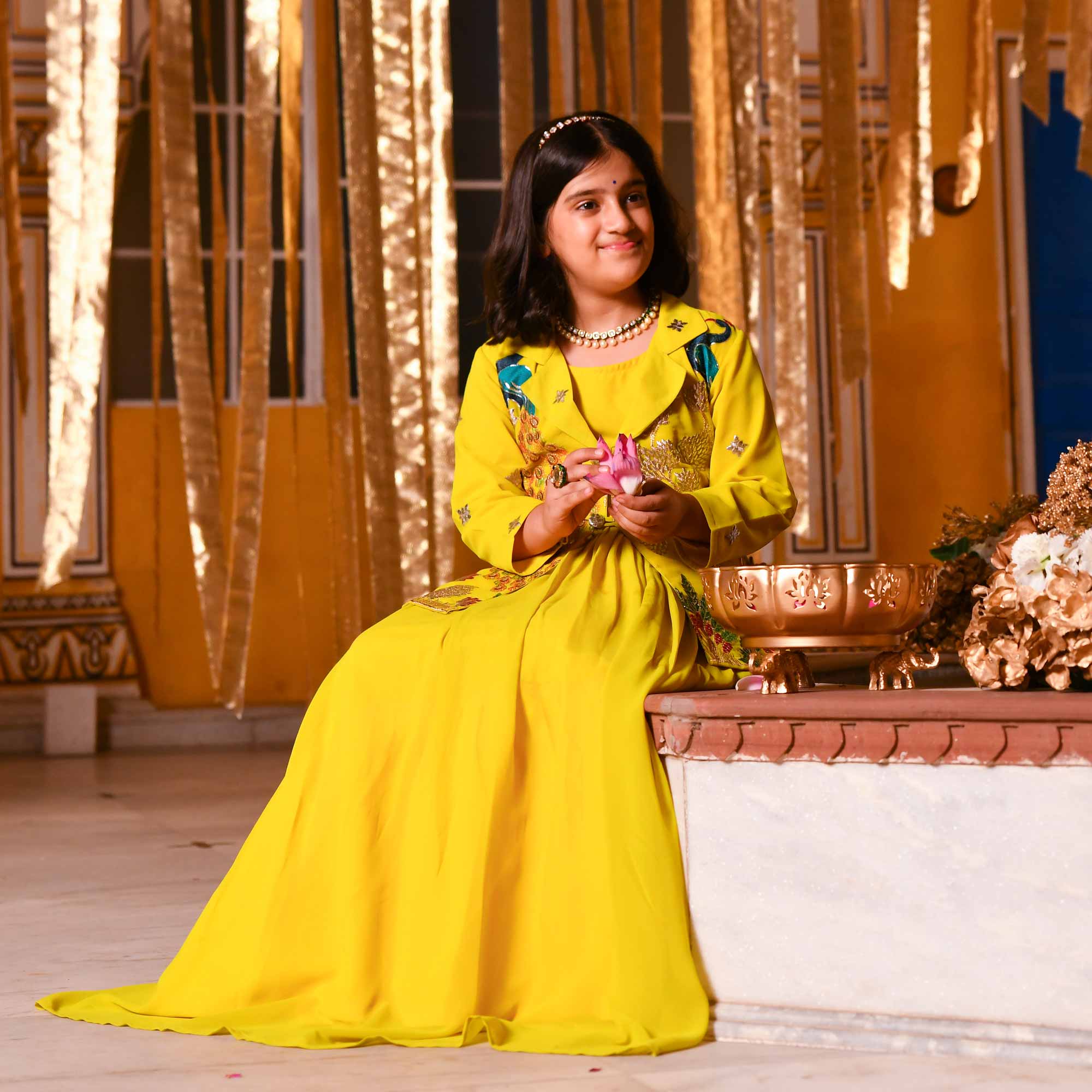 Golden Feather Kids Georgette Blazer Lehenga Set