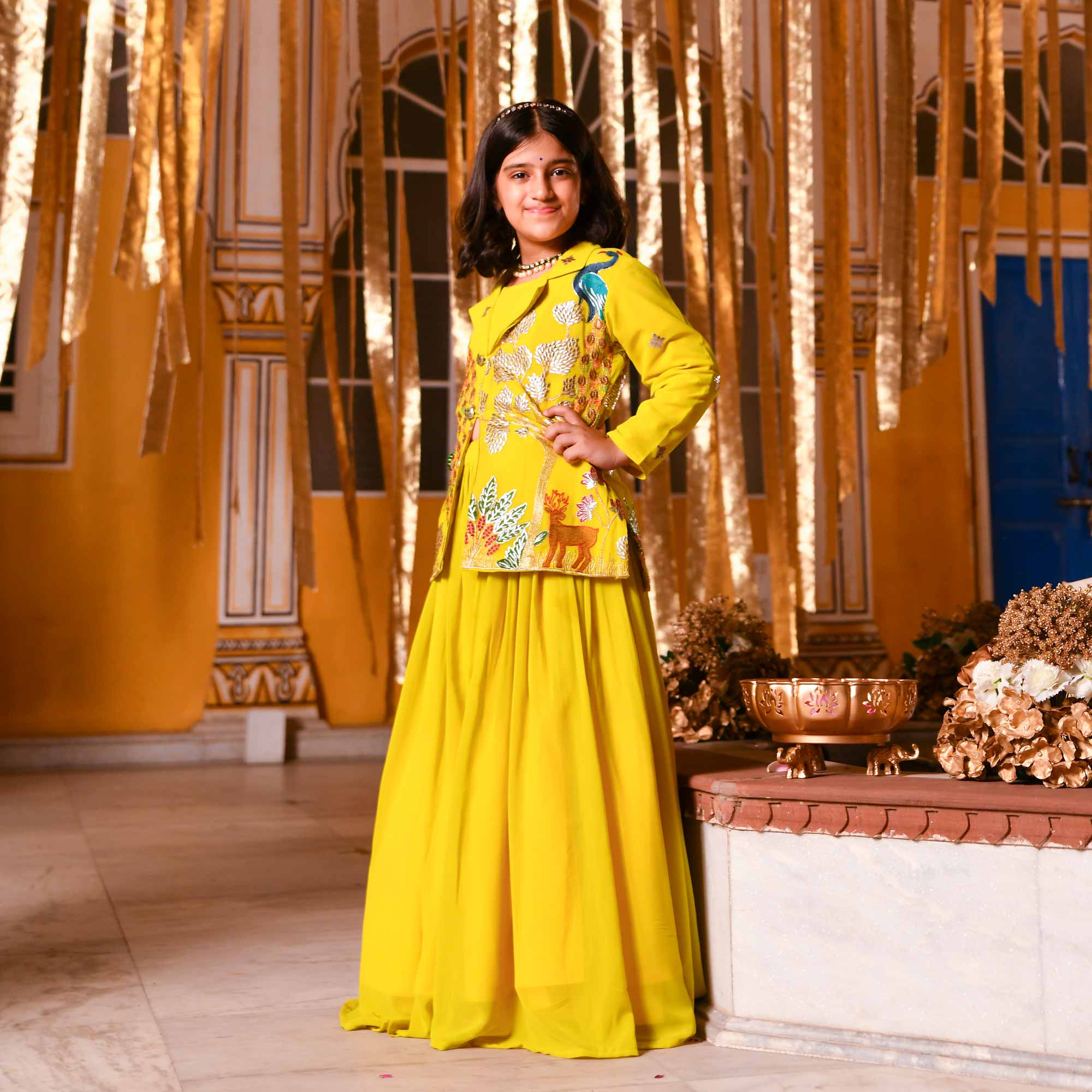 Golden Feather Kids Georgette Blazer Lehenga Set
