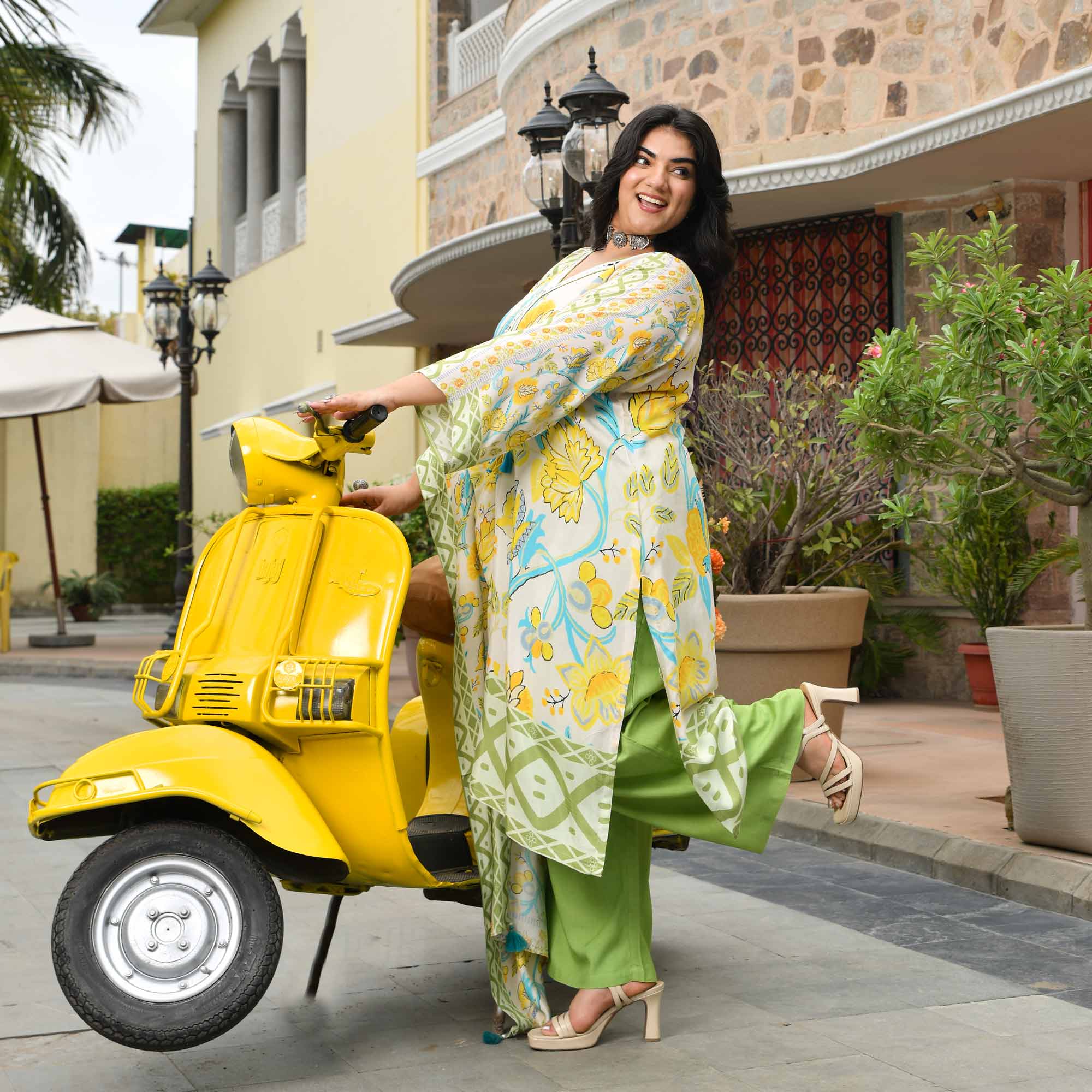 Madhubala- Pista Green & Yellow Floral Pure Muslin Suit Set