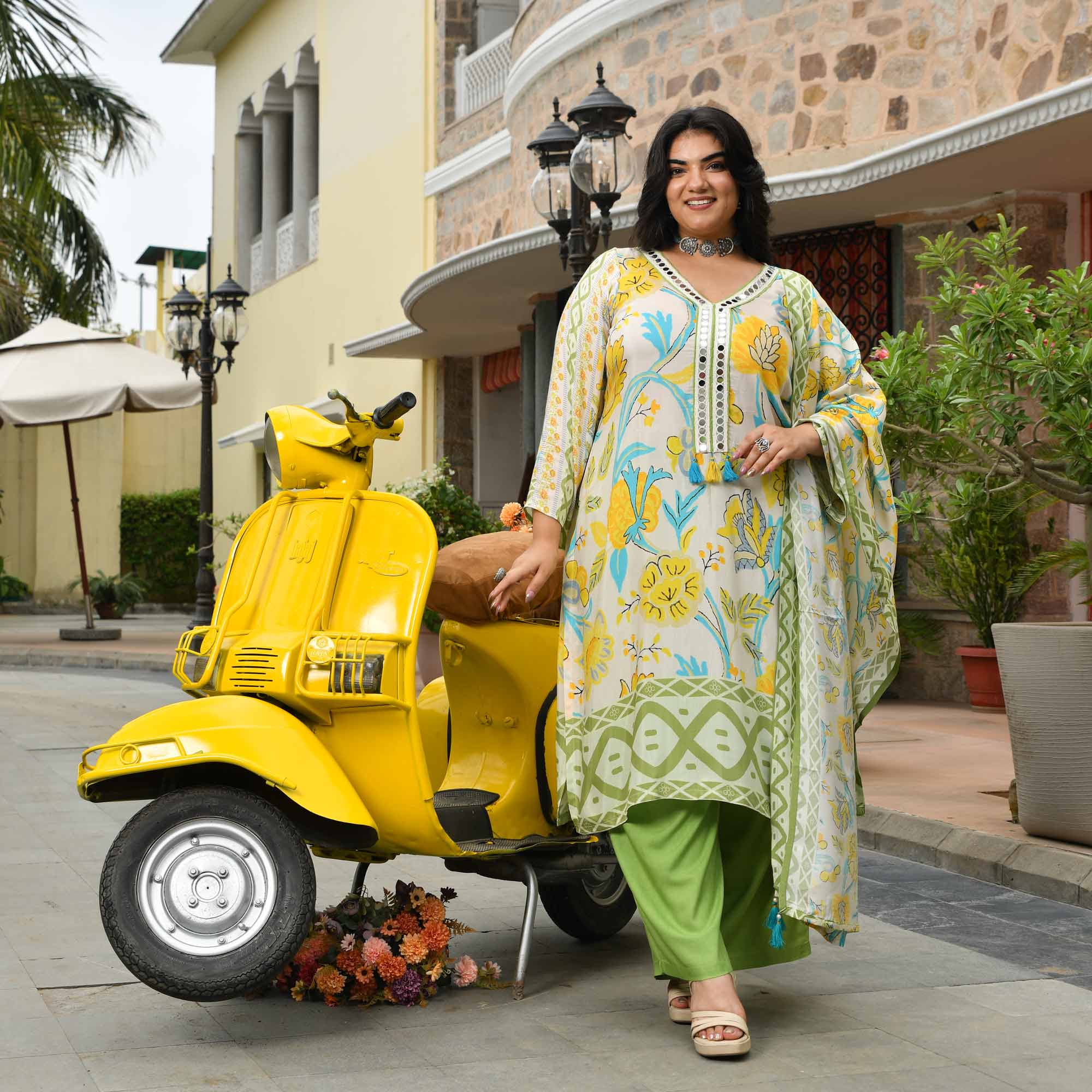 Madhubala- Pista Green & Yellow Floral Pure Muslin Suit Set