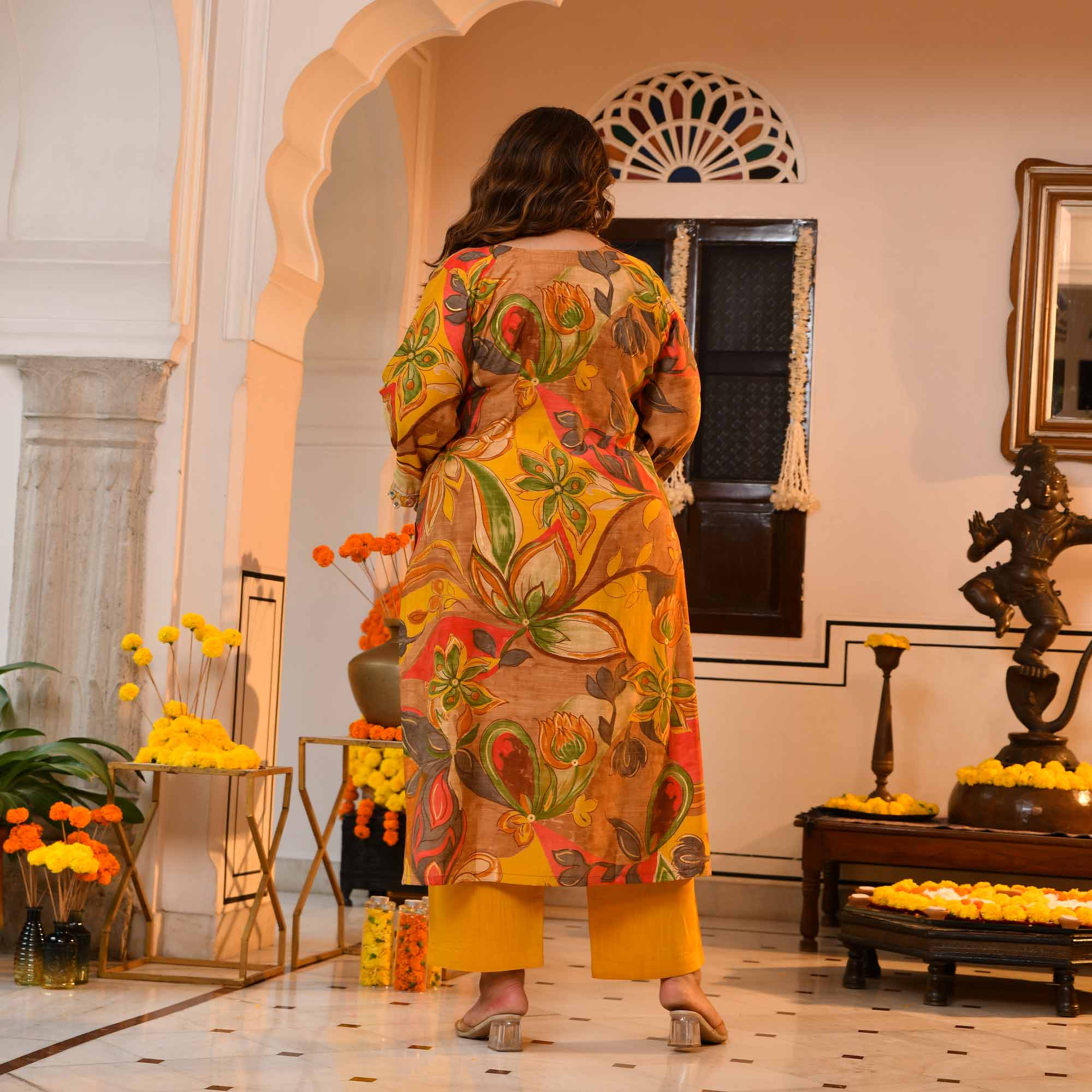 Deep- Yellow Abstract Print Modal Cape Set