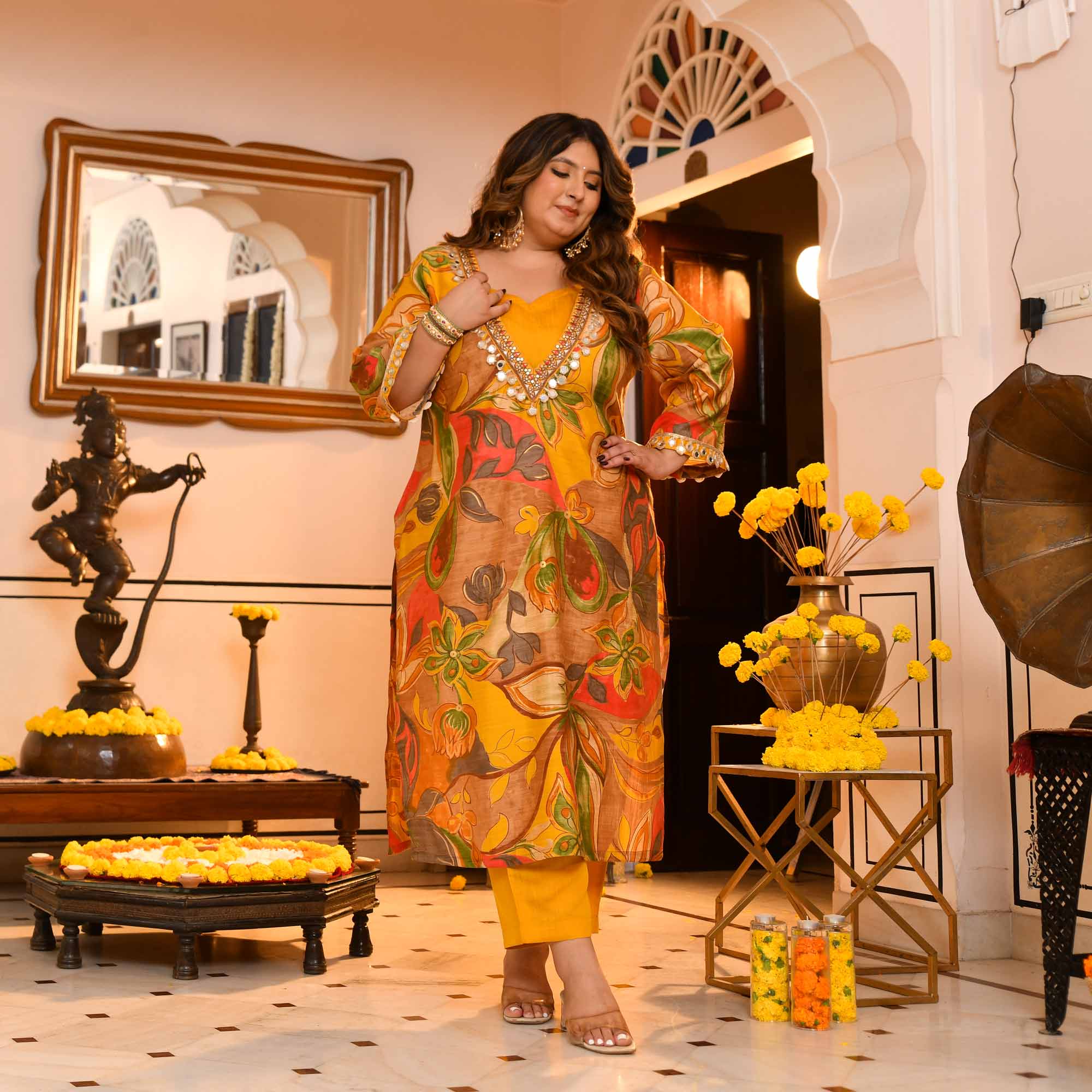 Deep- Yellow Abstract Print Modal Cape Set