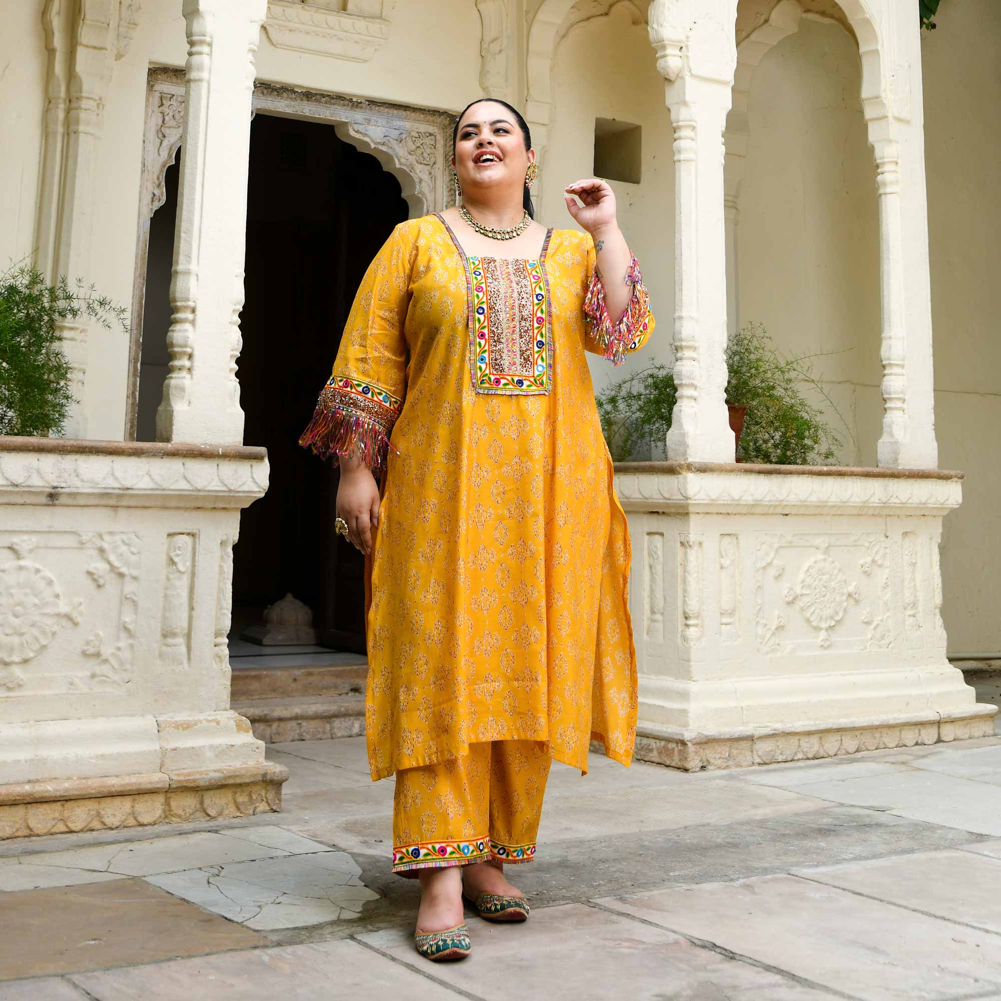 Cheer- Yellow Modal Embroidered Bohemian Kurta Pants Set
