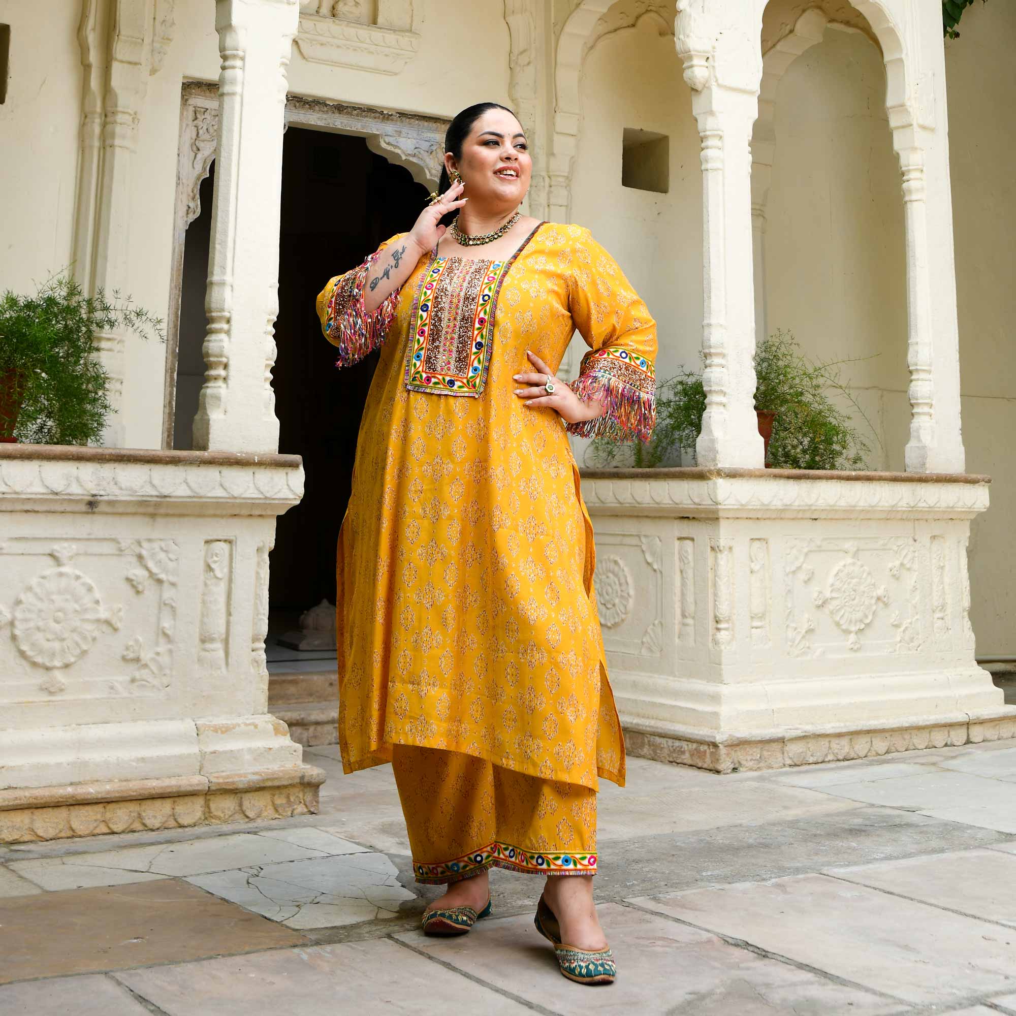 Cheer- Yellow Modal Embroidered Bohemian Kurta Pants Set