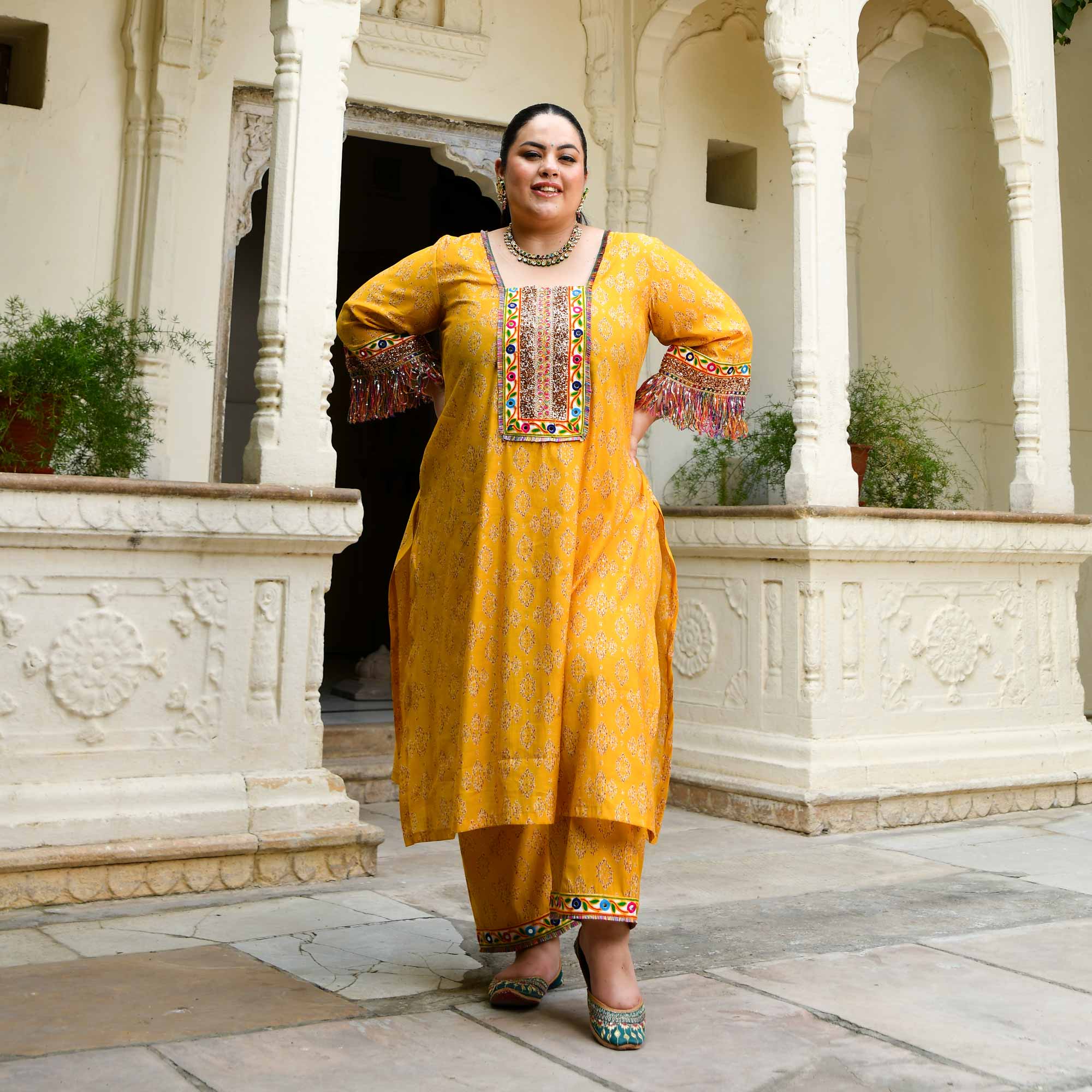 Cheer- Yellow Modal Embroidered Bohemian Kurta Pants Set