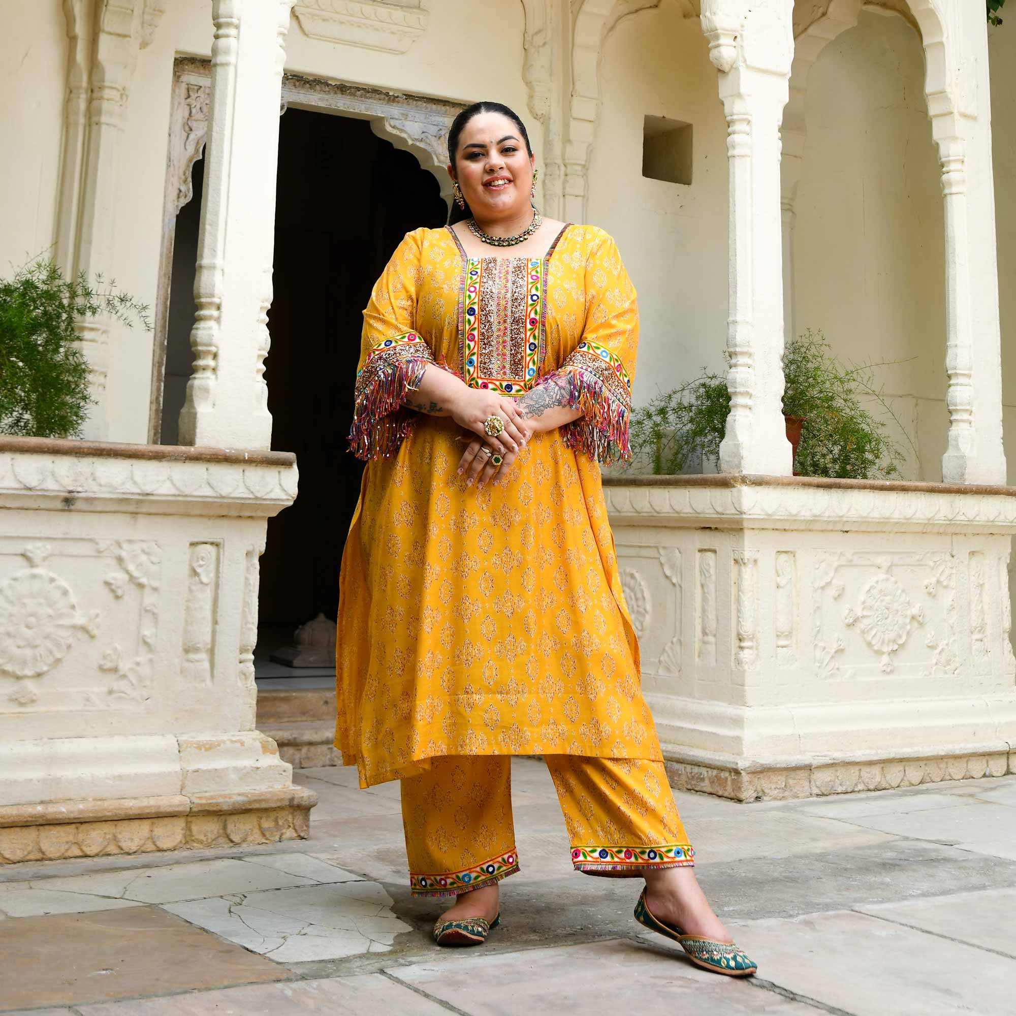 Cheer- Yellow Modal Embroidered Bohemian Kurta Pants Set