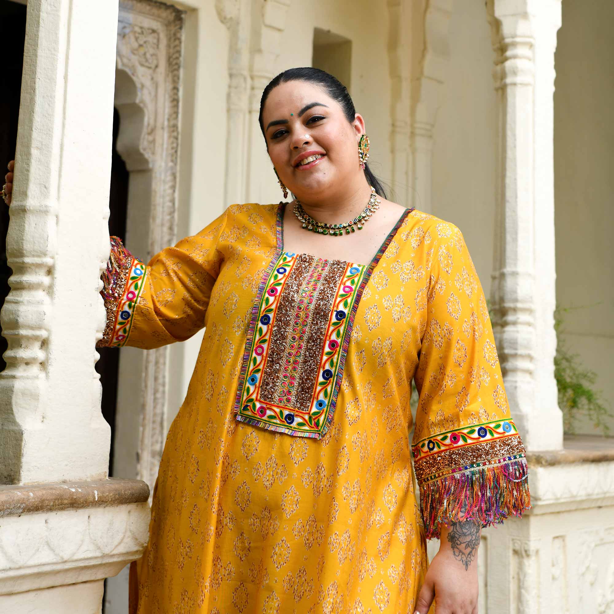 Cheer- Yellow Modal Embroidered Bohemian Kurta Pants Set