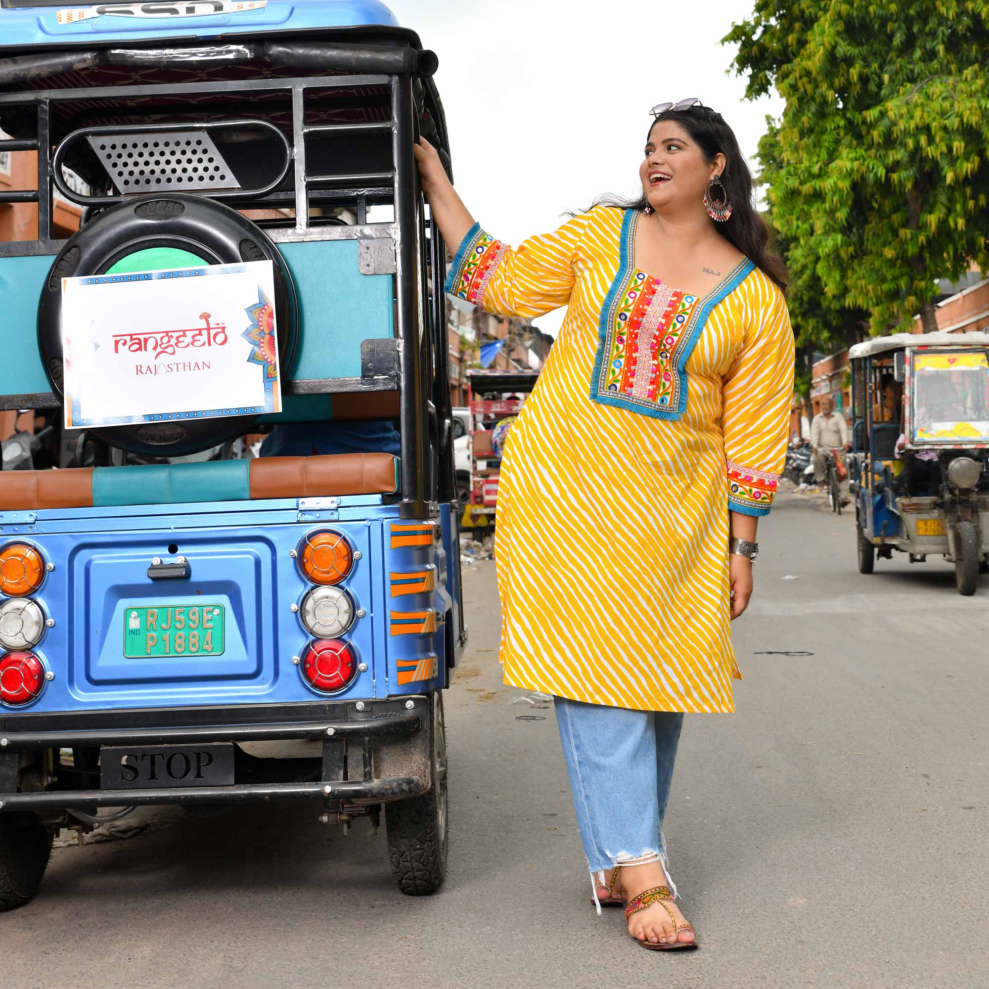 Swirl Delight - Yellow Leheriya Bohemian Cotton Kurta