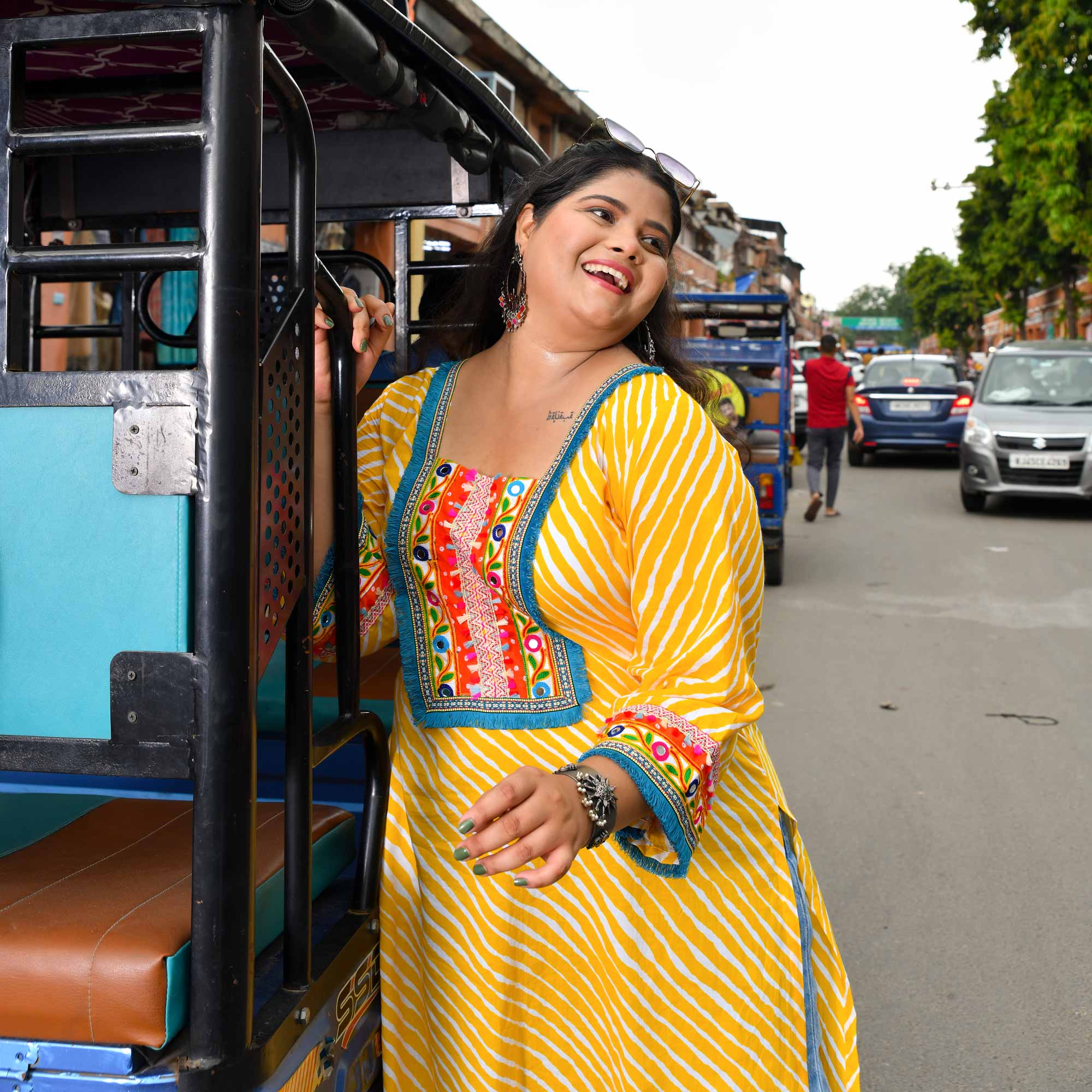Swirl Delight - Yellow Leheriya Bohemian Cotton Kurta