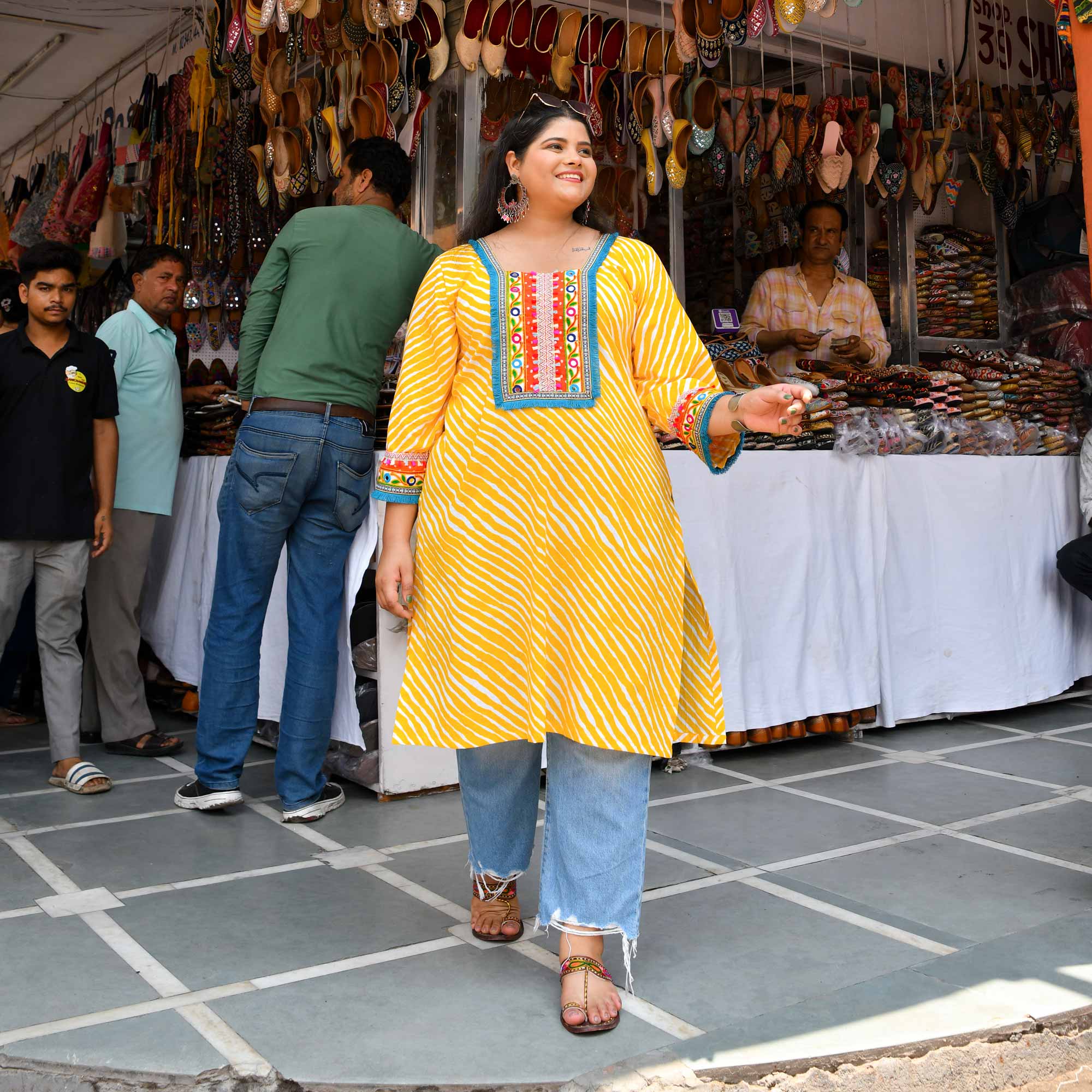 Swirl Delight - Yellow Leheriya Bohemian Cotton Kurta