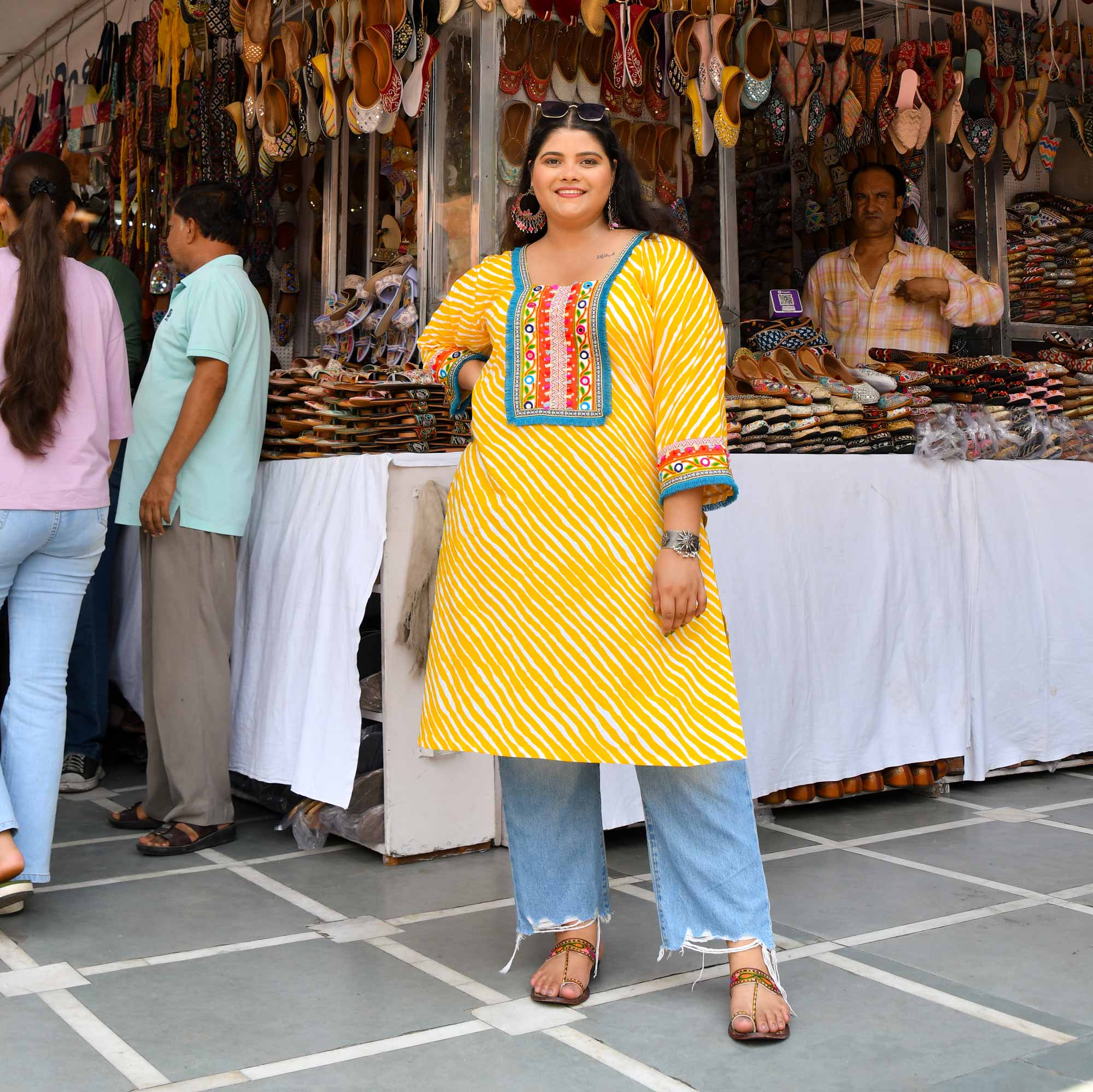 Swirl Delight - Yellow Leheriya Bohemian Cotton Kurta