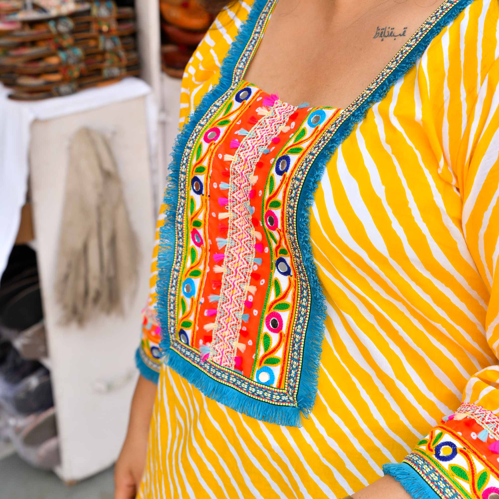 Swirl Delight - Yellow Leheriya Bohemian Cotton Kurta