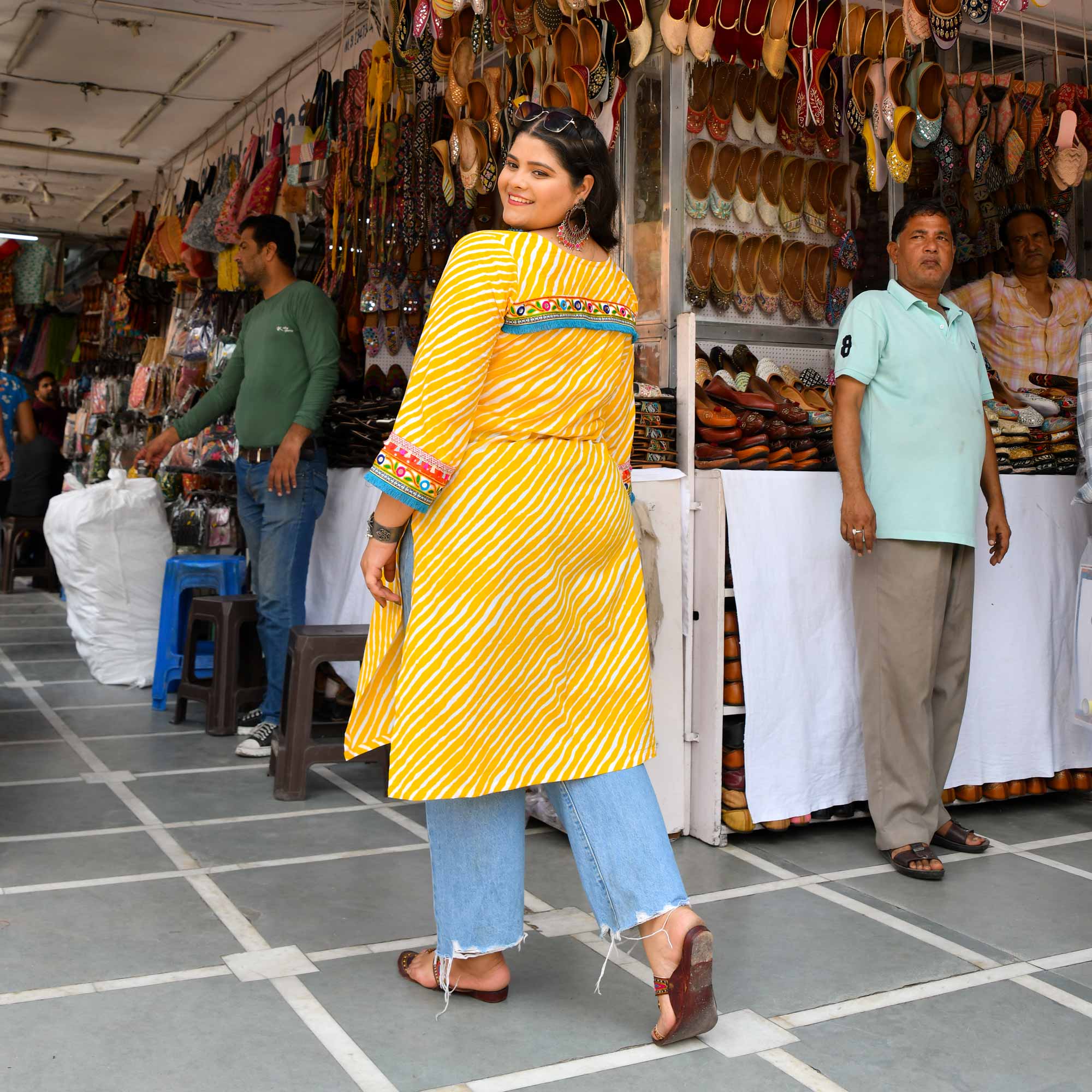 Swirl Delight - Yellow Leheriya Bohemian Cotton Kurta