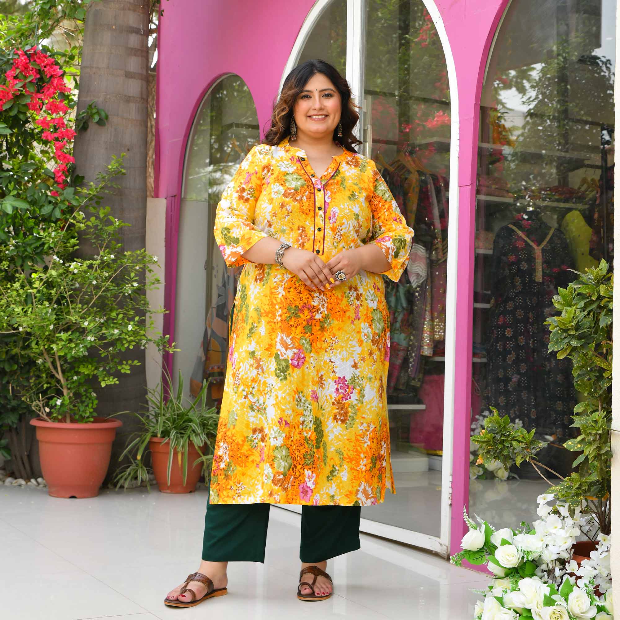 Yellow Floral Printed Swiss Dot Straight Kurta