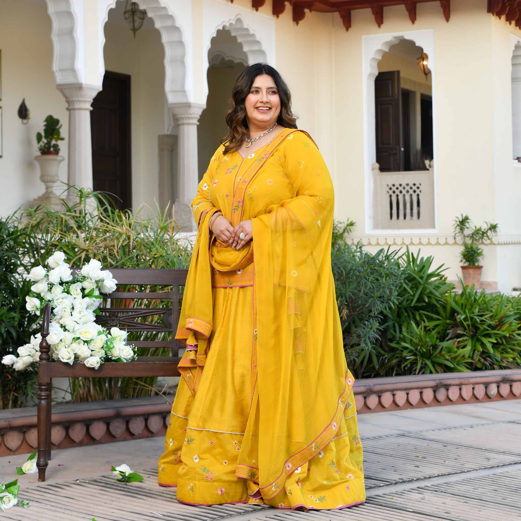 Aam Paana- Yellow Floral Thread Embroidery Mul Chanderi Lehenga Set