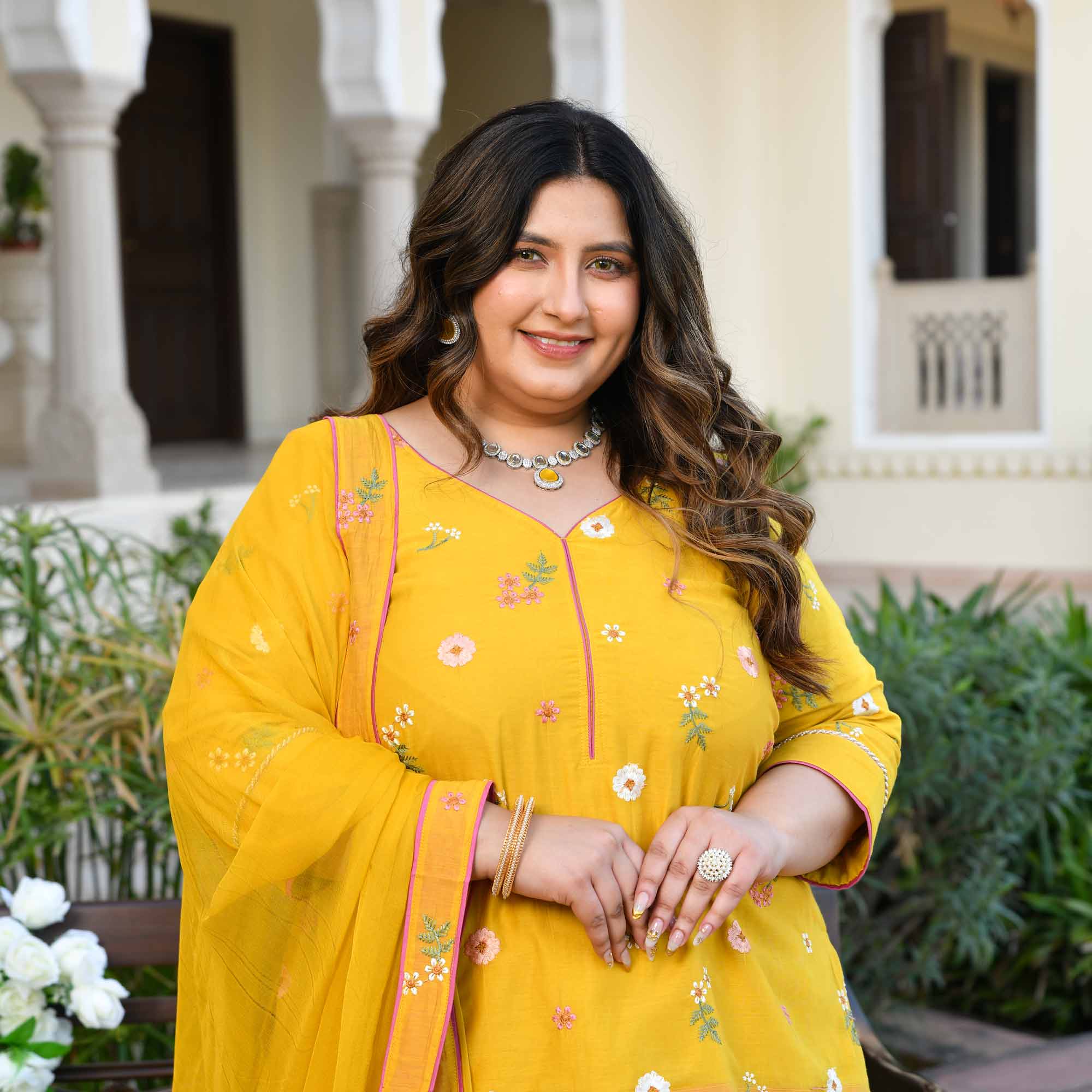 Aam Paana- Yellow Floral Thread Embroidery Mul Chanderi Lehenga Set