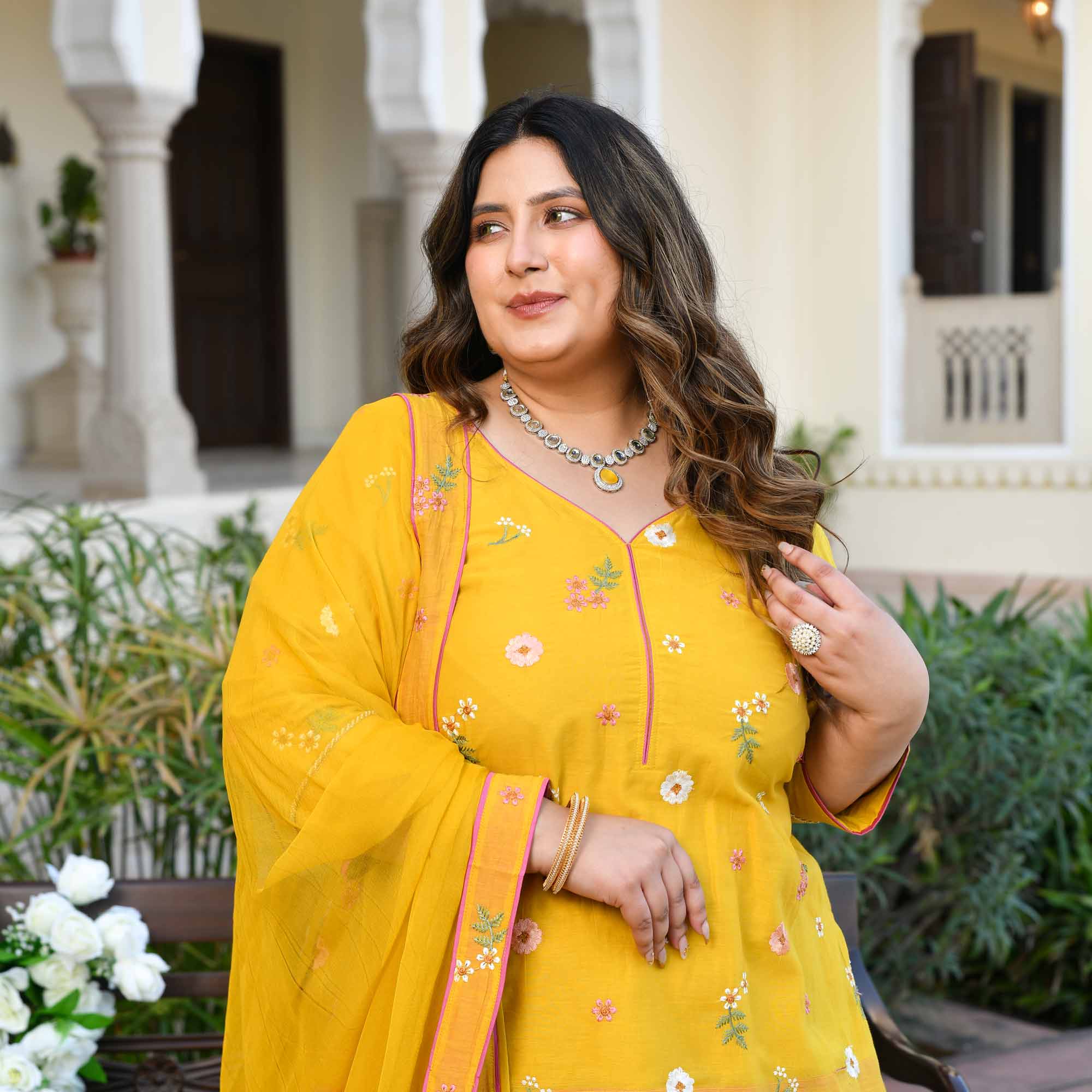 Aam Paana- Yellow Floral Thread Embroidery Mul Chanderi Lehenga Set