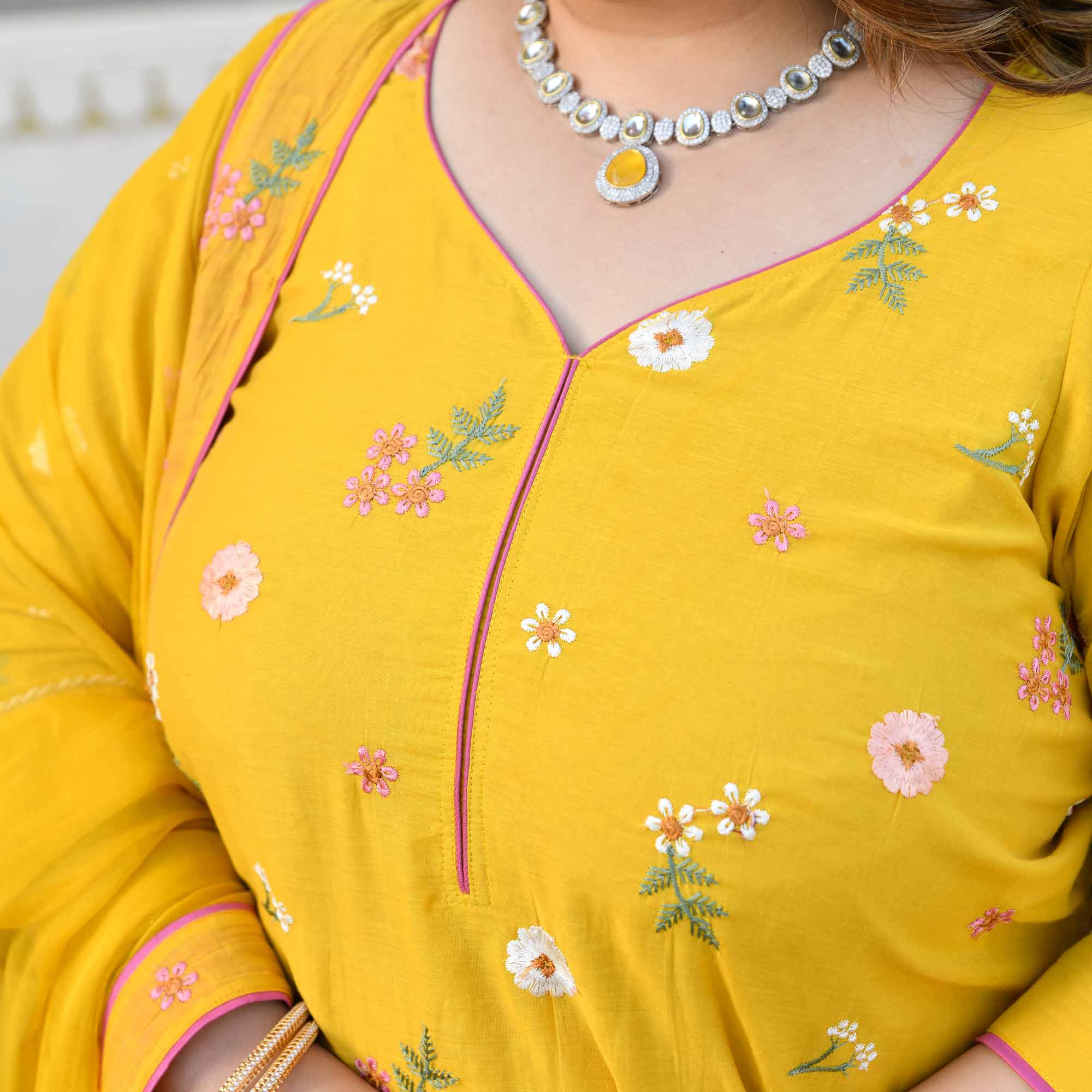 Aam Paana- Yellow Floral Thread Embroidery Mul Chanderi Lehenga Set