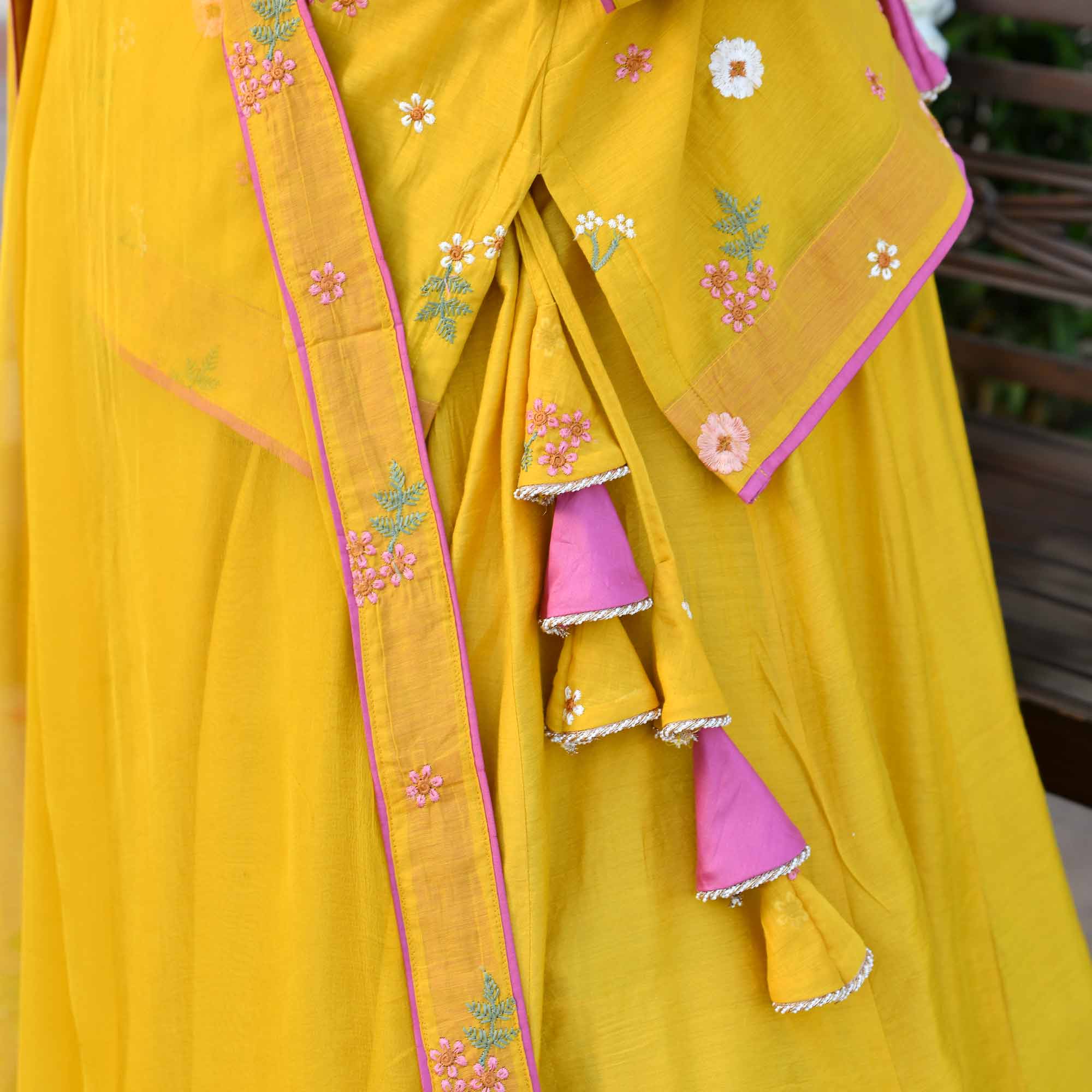 Aam Paana- Yellow Floral Thread Embroidery Mul Chanderi Lehenga Set