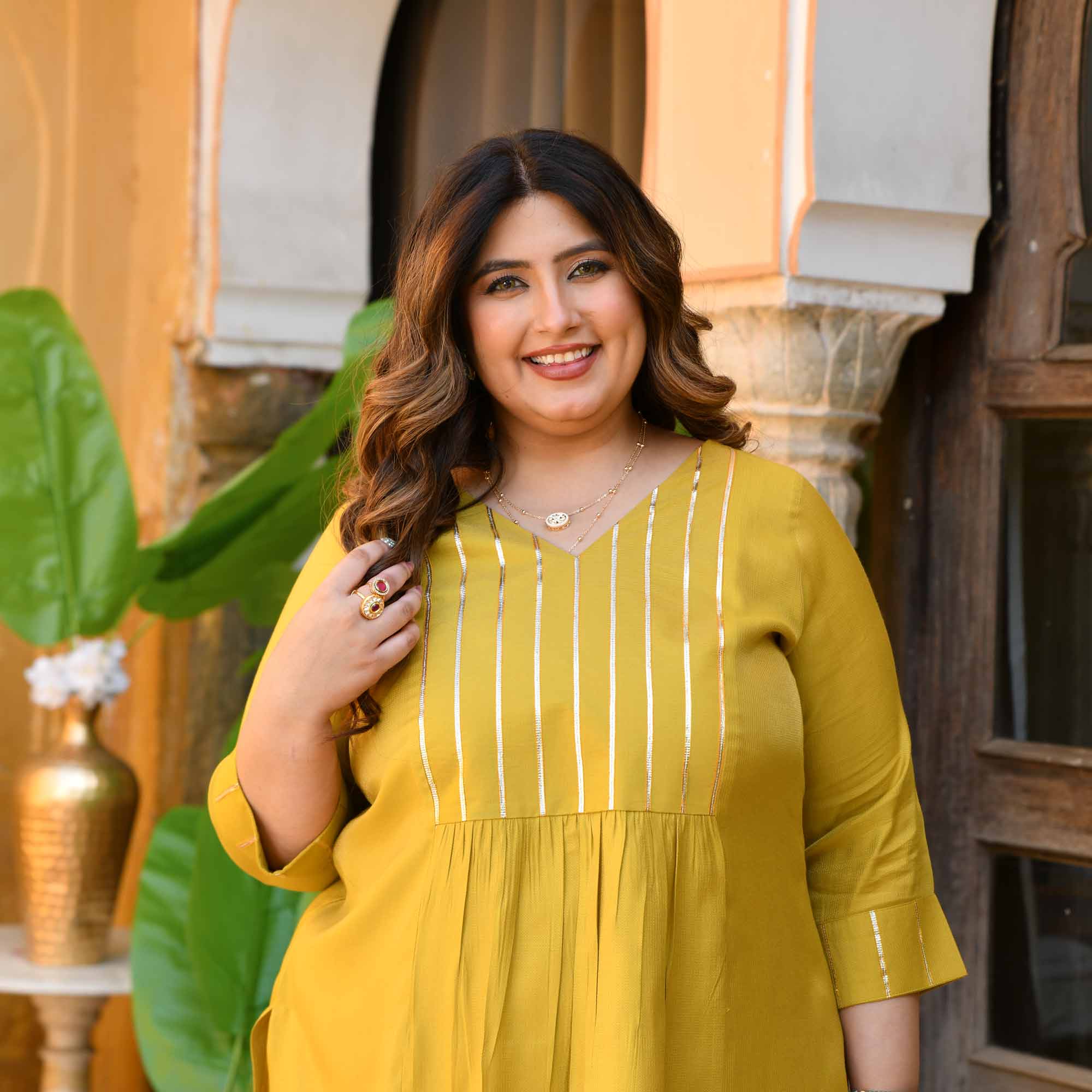 Aamras- Yellow Viscose Tissue A-line Kurta
