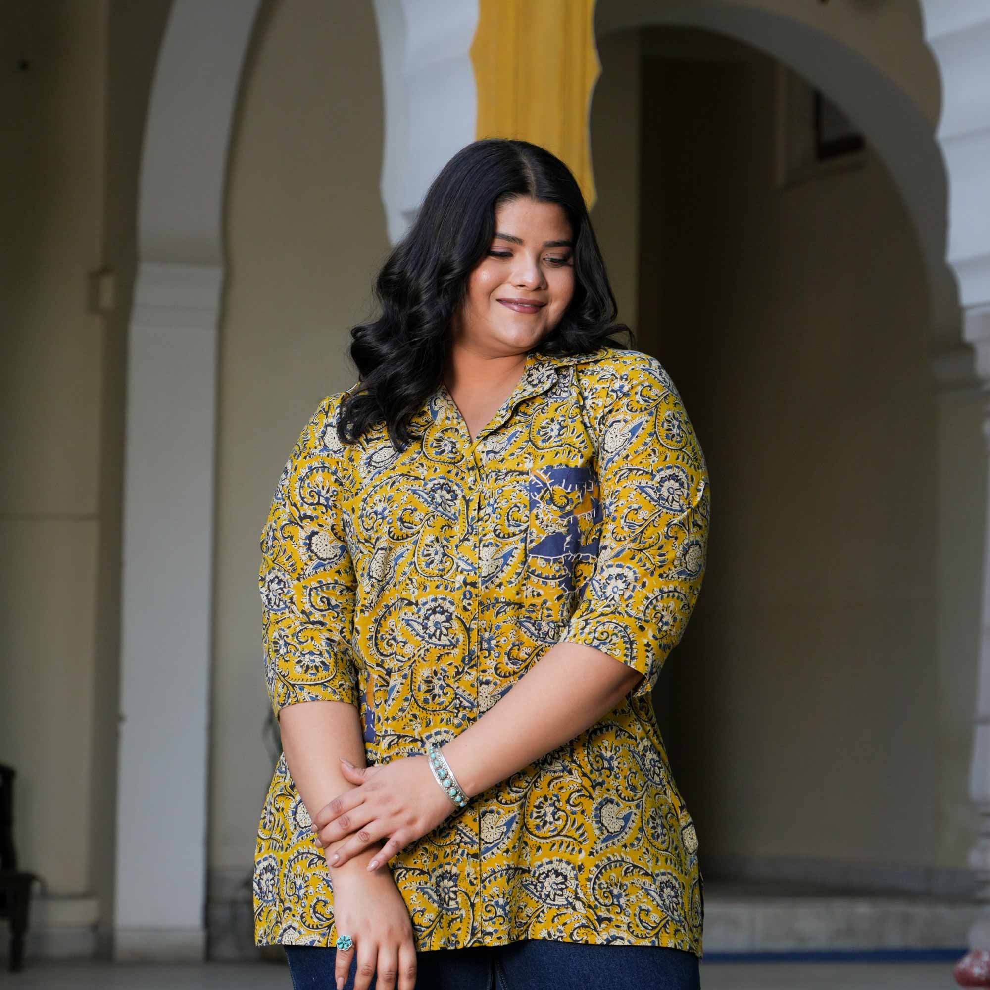 Butterscotch Beauty Floral Handblock Printed Cotton Shirt