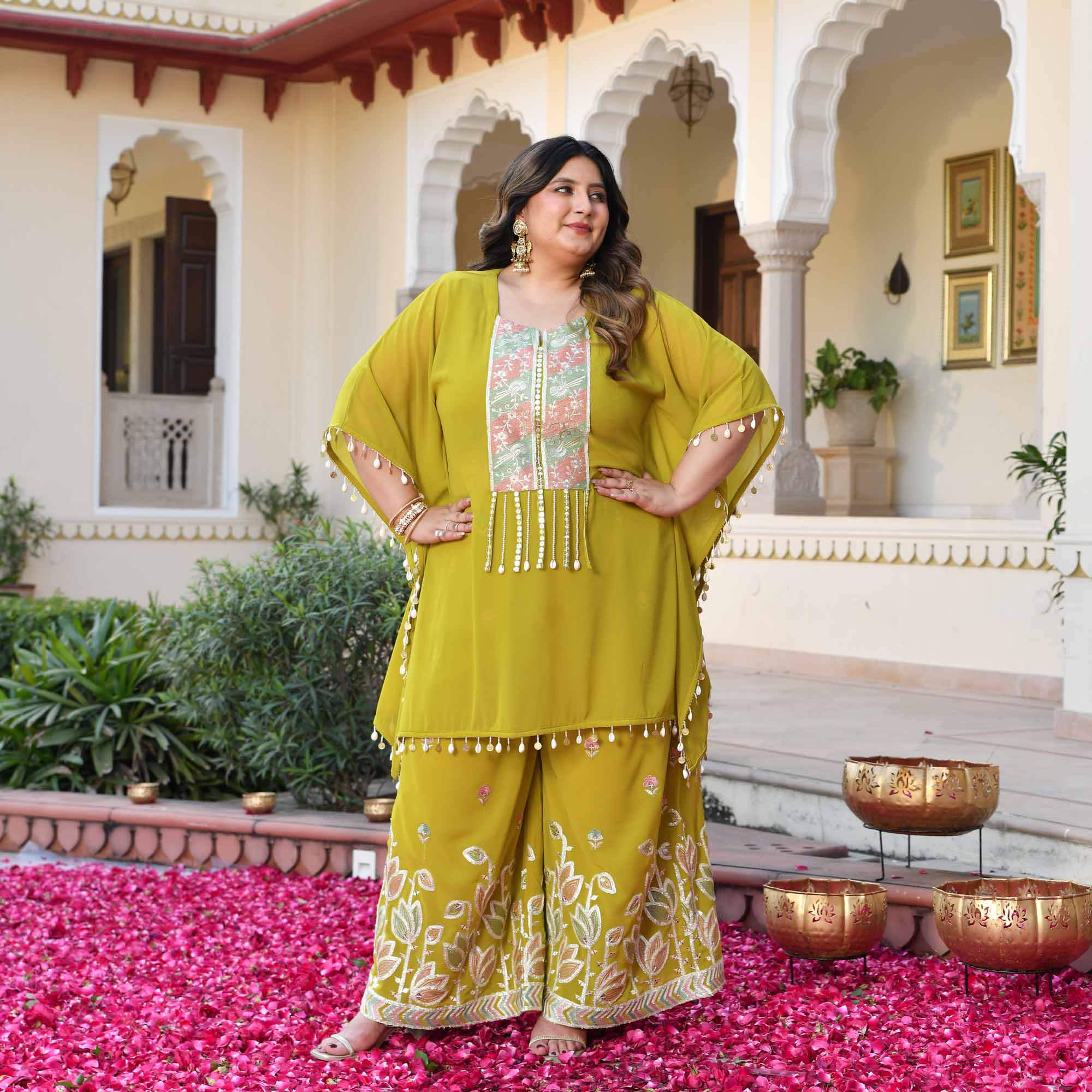 Main Character- Lime Yellow Thread & Gota Embroidered Georgette Cape Kaaftan Set