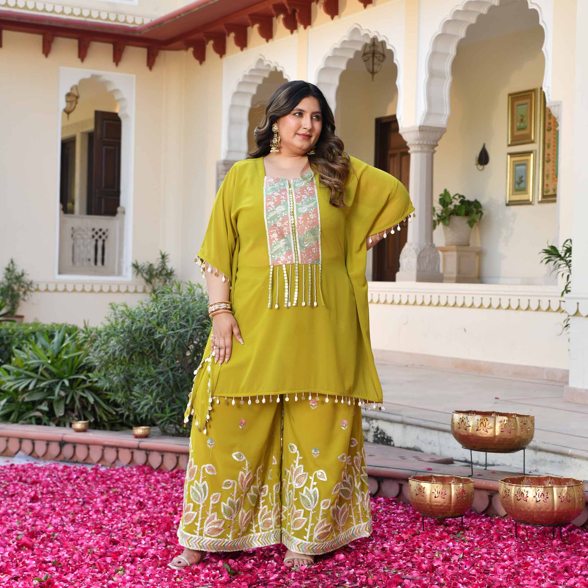 Main Character- Lime Yellow Thread & Gota Embroidered Georgette Cape Kaaftan Set