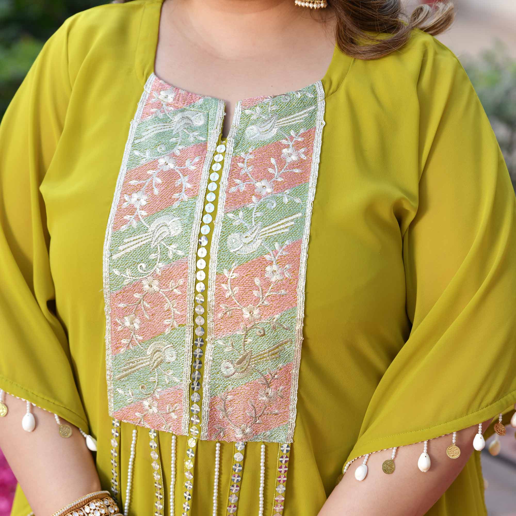 Main Character- Lime Yellow Thread & Gota Embroidered Georgette Cape Kaaftan Set
