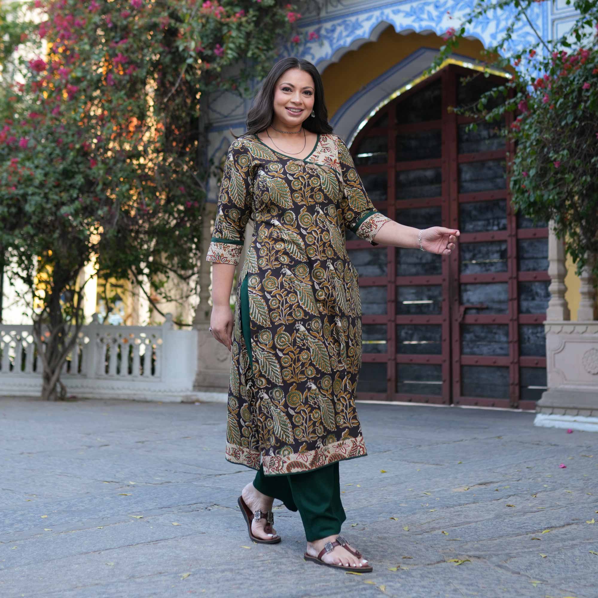 Peacock Prism Handblock Printed Floral Cotton Kurta