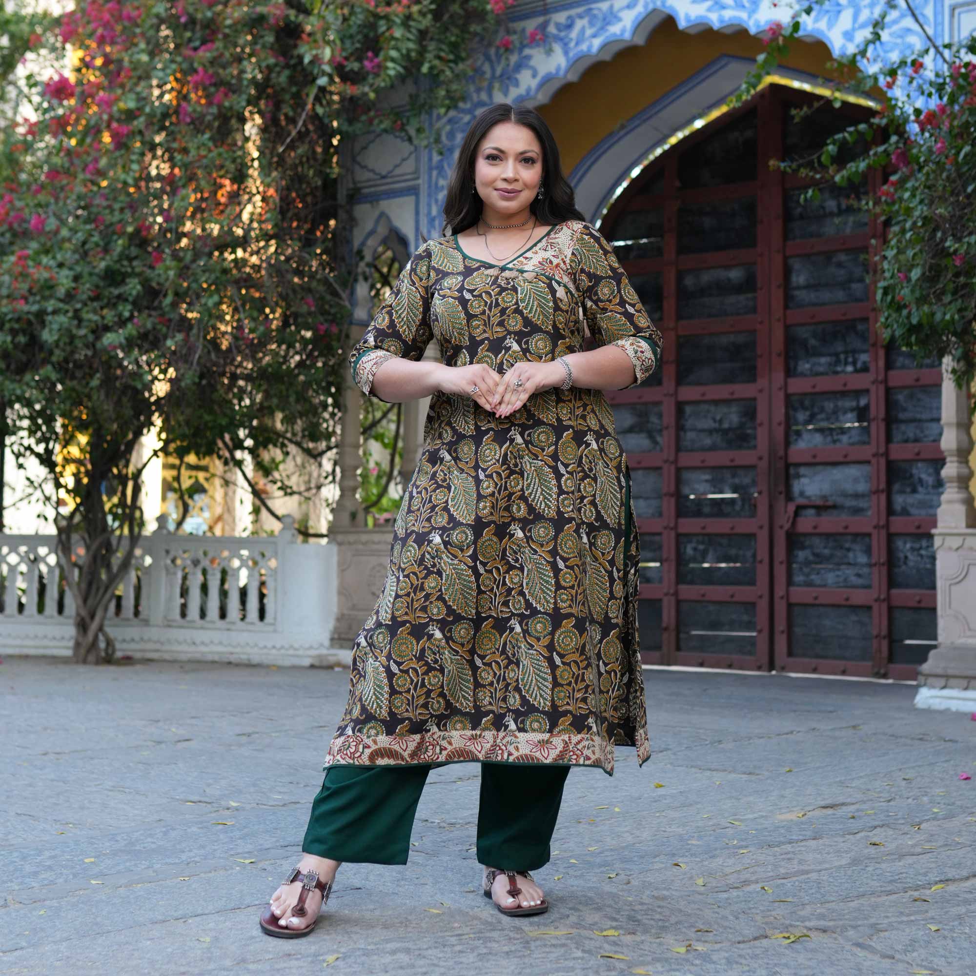 Peacock Prism Handblock Printed Floral Cotton Kurta