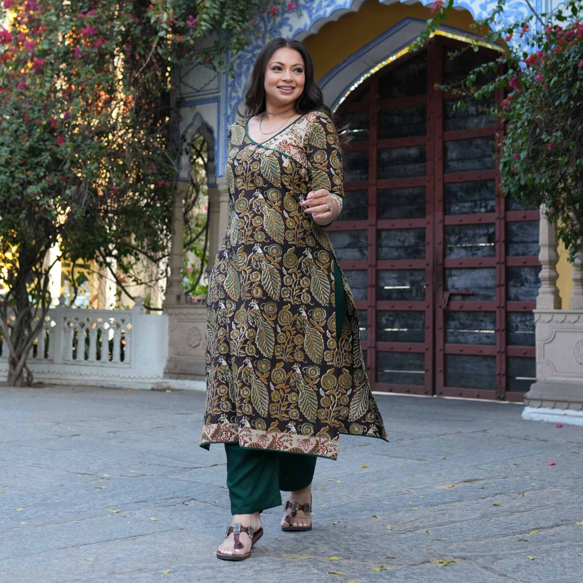 Peacock Prism Handblock Printed Floral Cotton Kurta