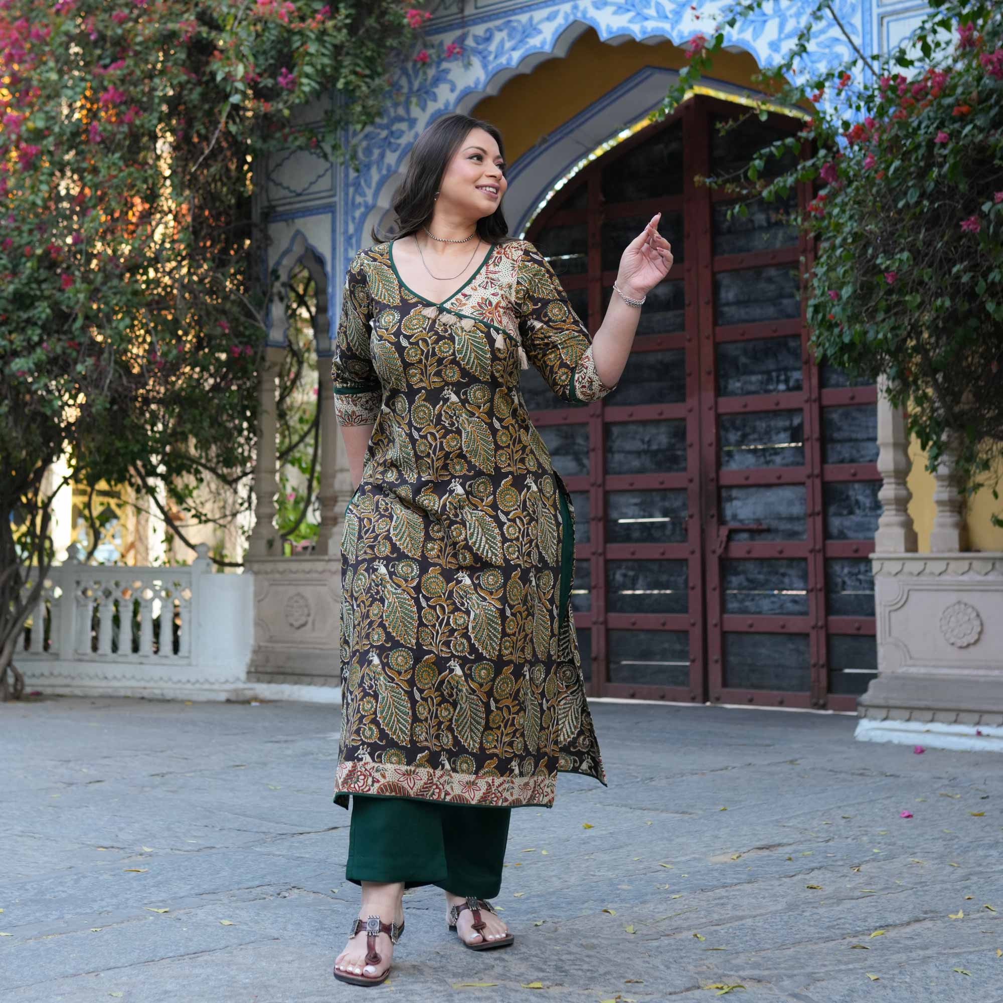 Peacock Prism Handblock Printed Floral Cotton Kurta